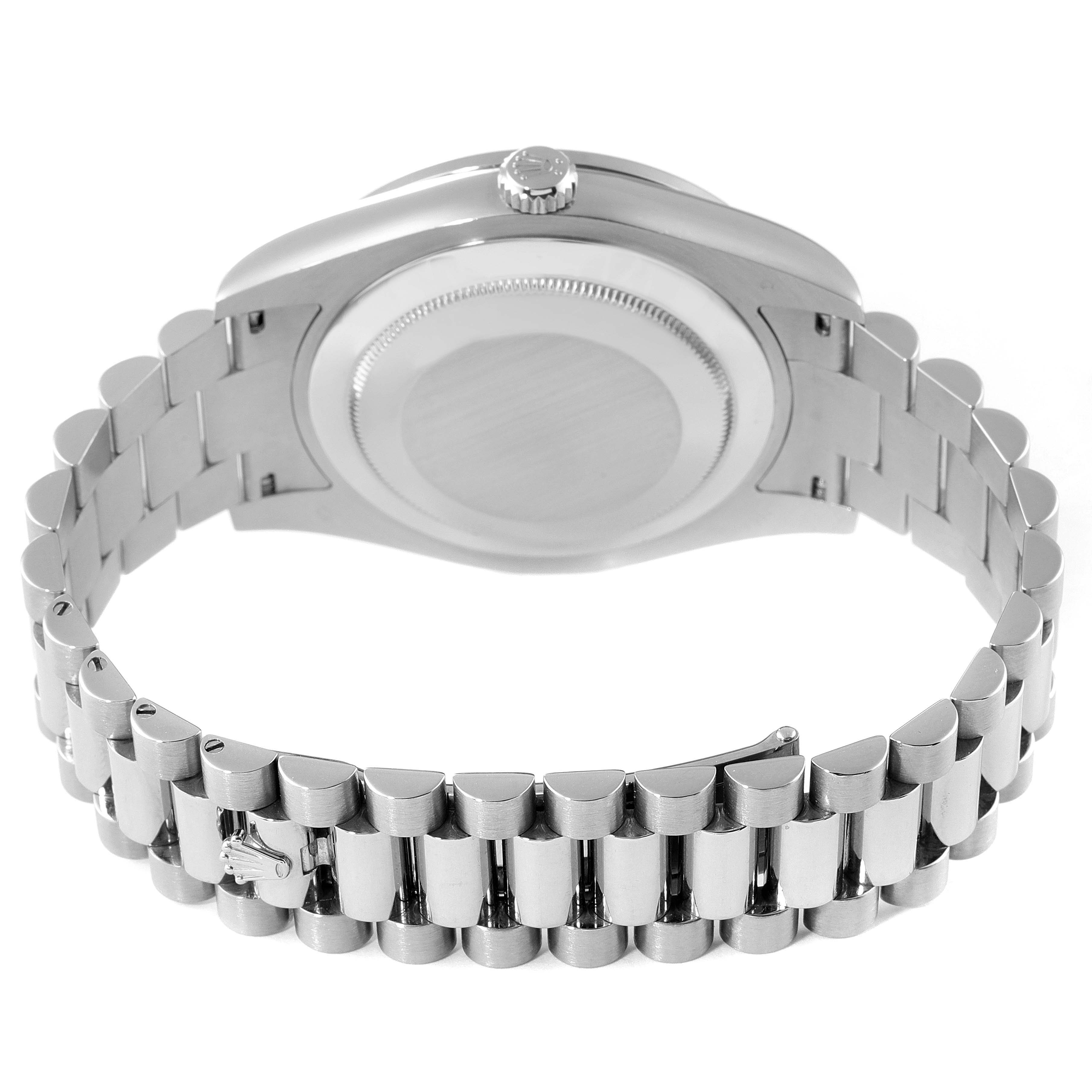 The image shows the back view of a Rolex President 218349 Men's White Gold Black Dial 218349 Men's White Gold Black Dial model watch, focusing on the case back and bracelet.