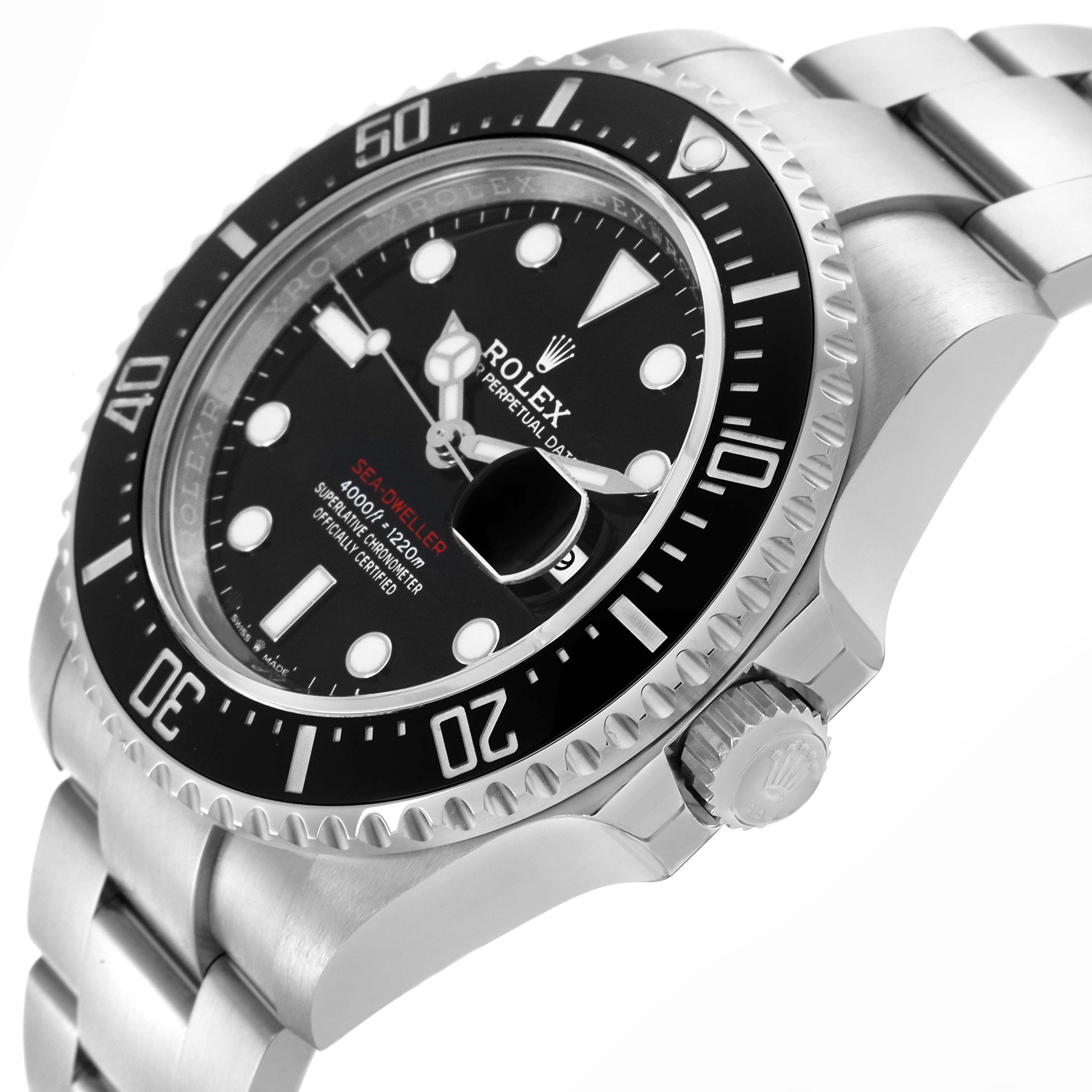 The Rolex Sea-Dweller 126600 Men's Stainless Steel Black Dial 126600 Men's Stainless Steel Black Dial watch is shown at a side angle highlighting the black dial, bezel, and crown.