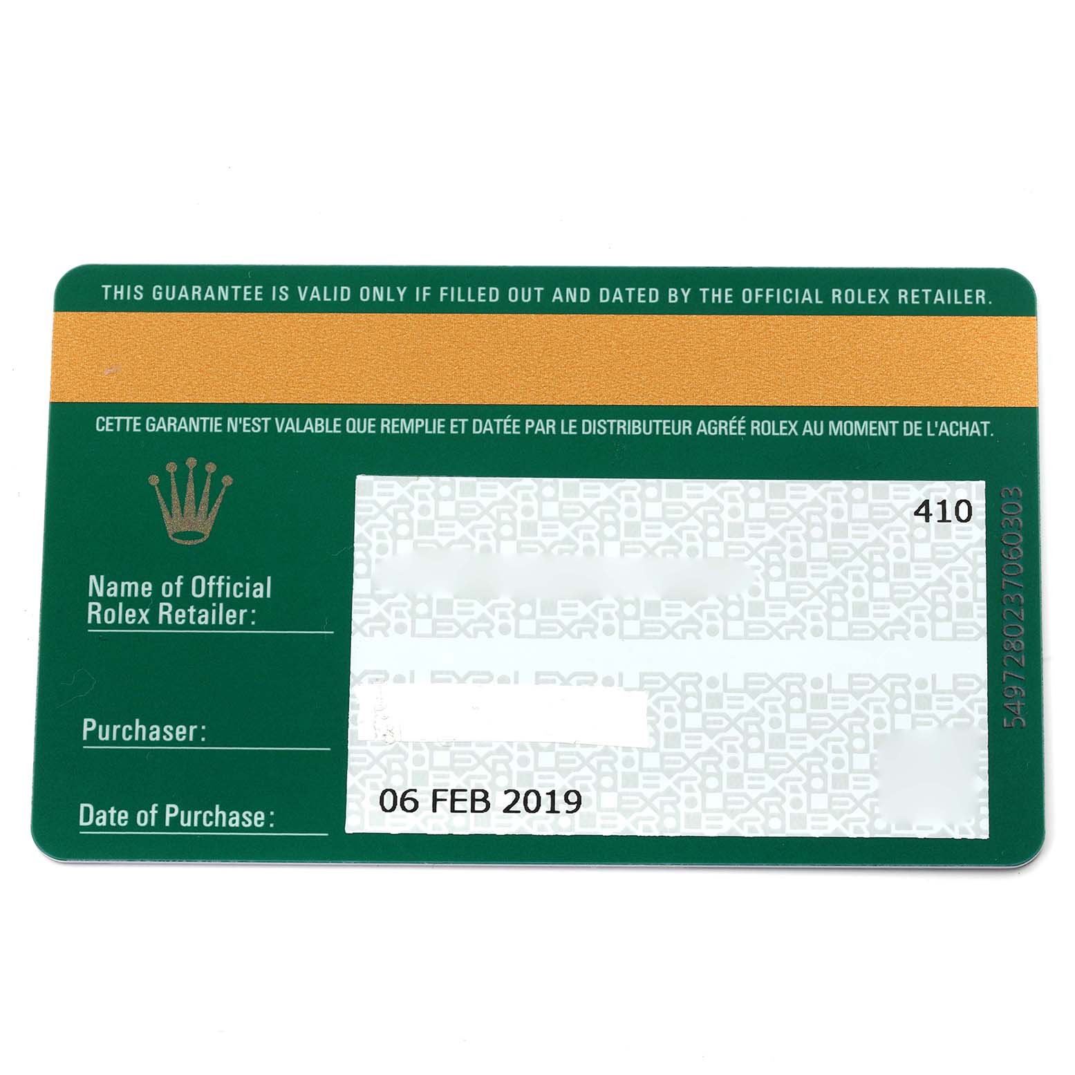 This image shows a Rolex Sea-Dweller 126600 Men's Stainless Steel Black Dial 126600 Men's Stainless Steel Black Dial guarantee card, featuring text and branding at a top-down angle.