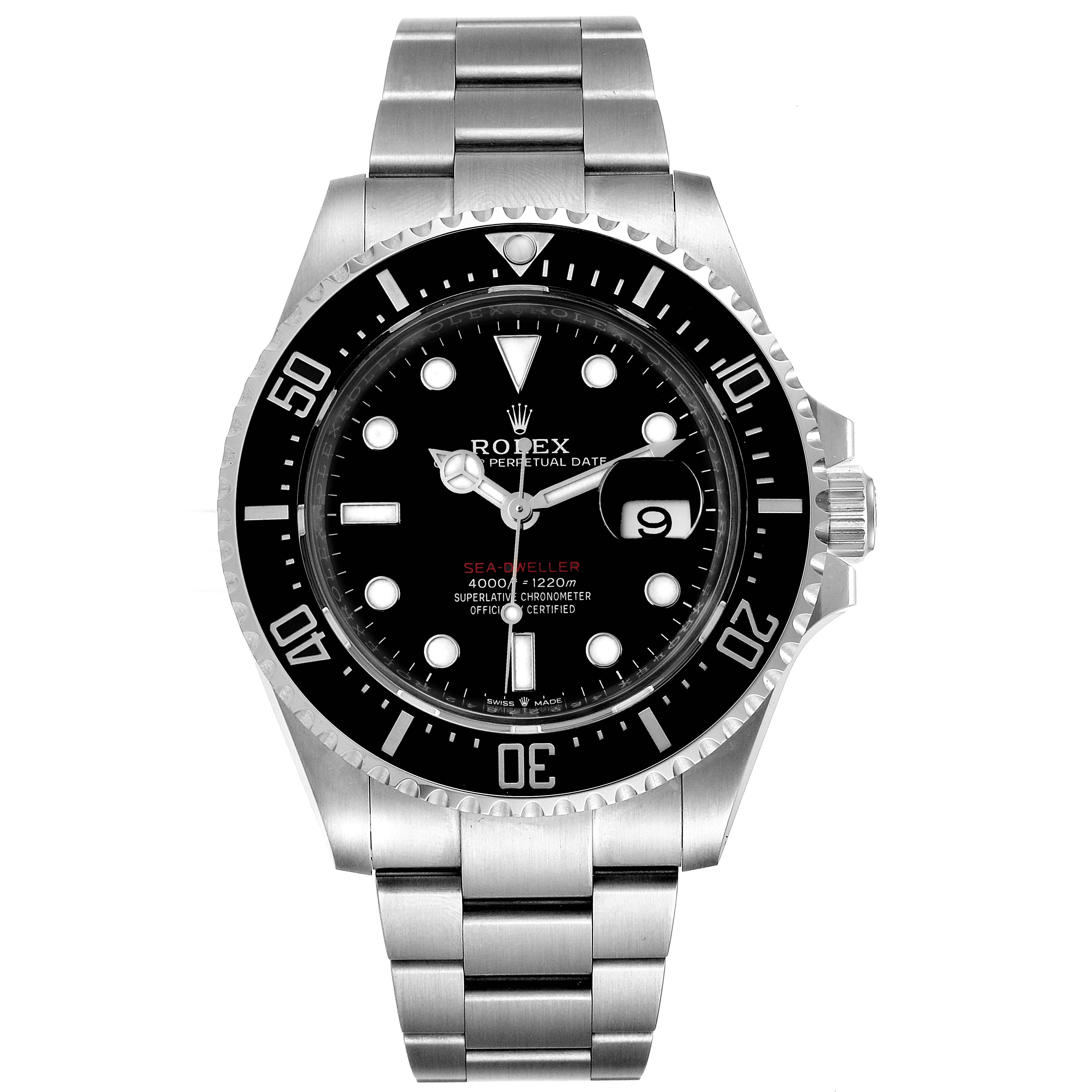 This image shows the front view of the Rolex Sea-Dweller 126600 Men
s Stainless Steel Black Dial 126600 Men
s Stainless Steel Black Dial watch, highlighting the dial, bezel, bracelet, and date function.