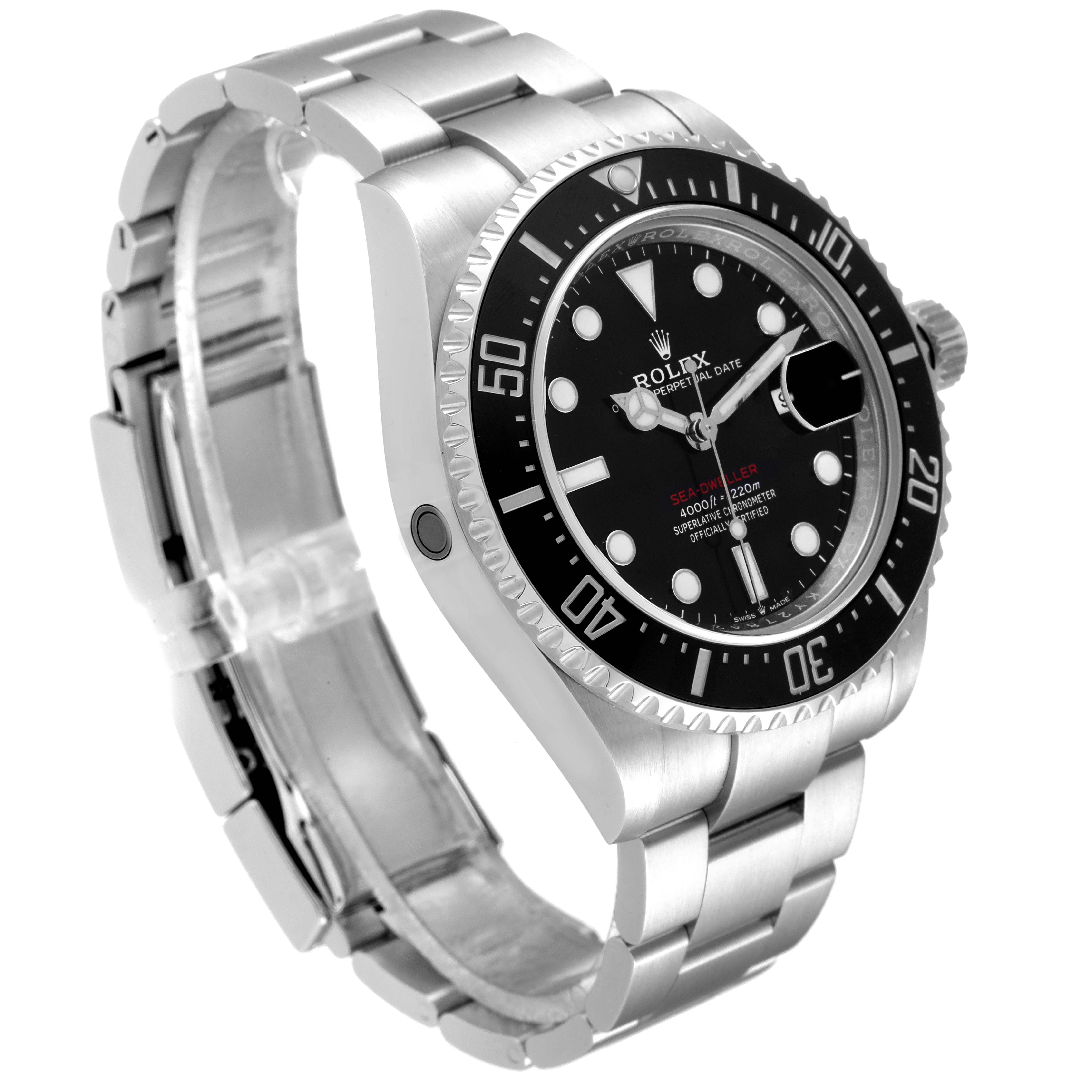This image shows a side and partial front view of the Rolex Sea-Dweller 126600 Men
s Stainless Steel Black Dial 126600 Men
s Stainless Steel Black Dial watch, highlighting the watch dial, bezel, and bracelet.