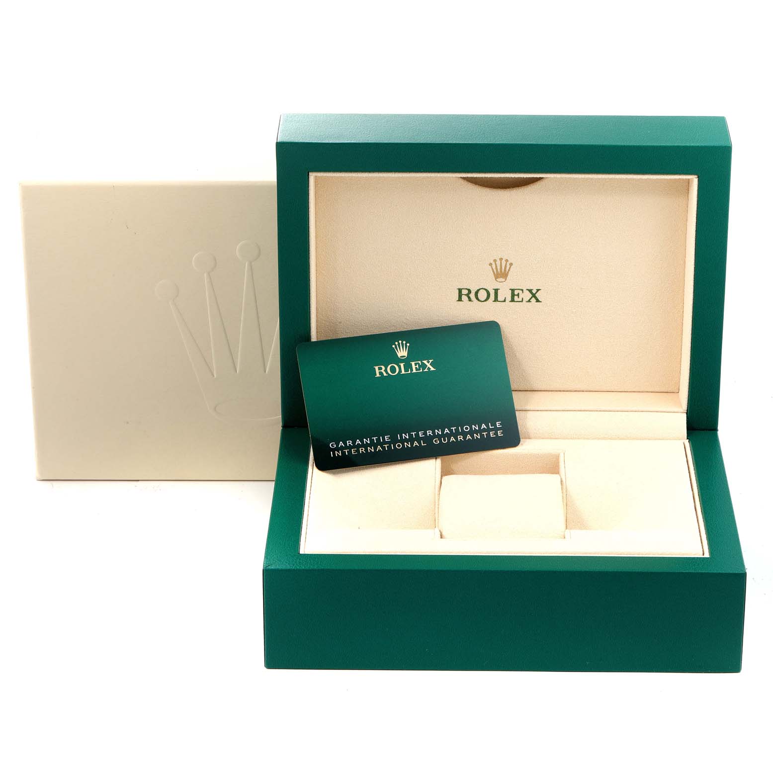The image shows the packaging, inner box, and guarantee card for a Rolex Sea-Dweller 126600 Men
s Stainless Steel Black Dial 126600 Men
s Stainless Steel Black Dial watch.