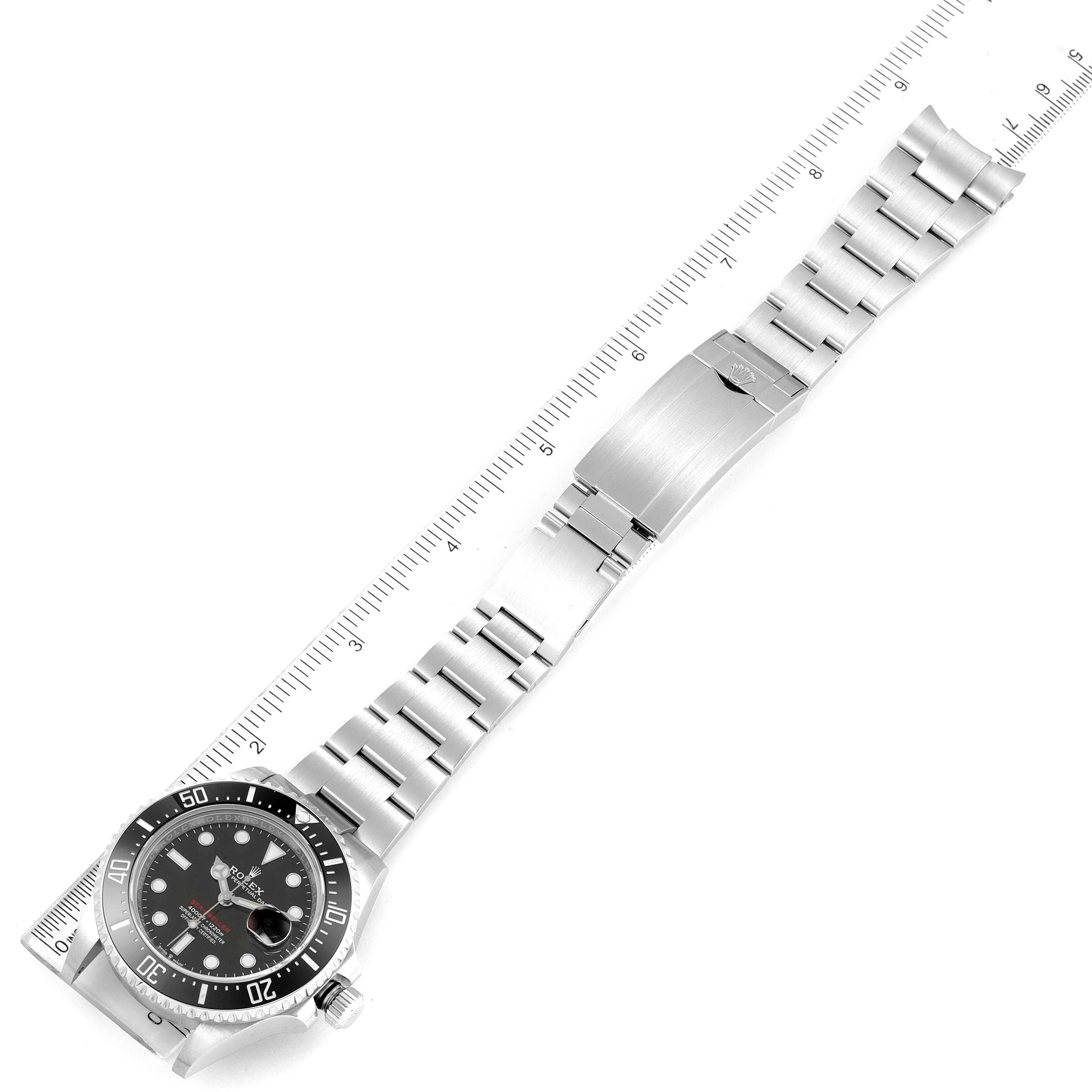 The image shows a top view of a Rolex Sea-Dweller 126600 Men
s Stainless Steel Black Dial 126600 Men
s Stainless Steel Black Dial watch, displaying the entire watch including its face, bezel, bracelet, and clasp.