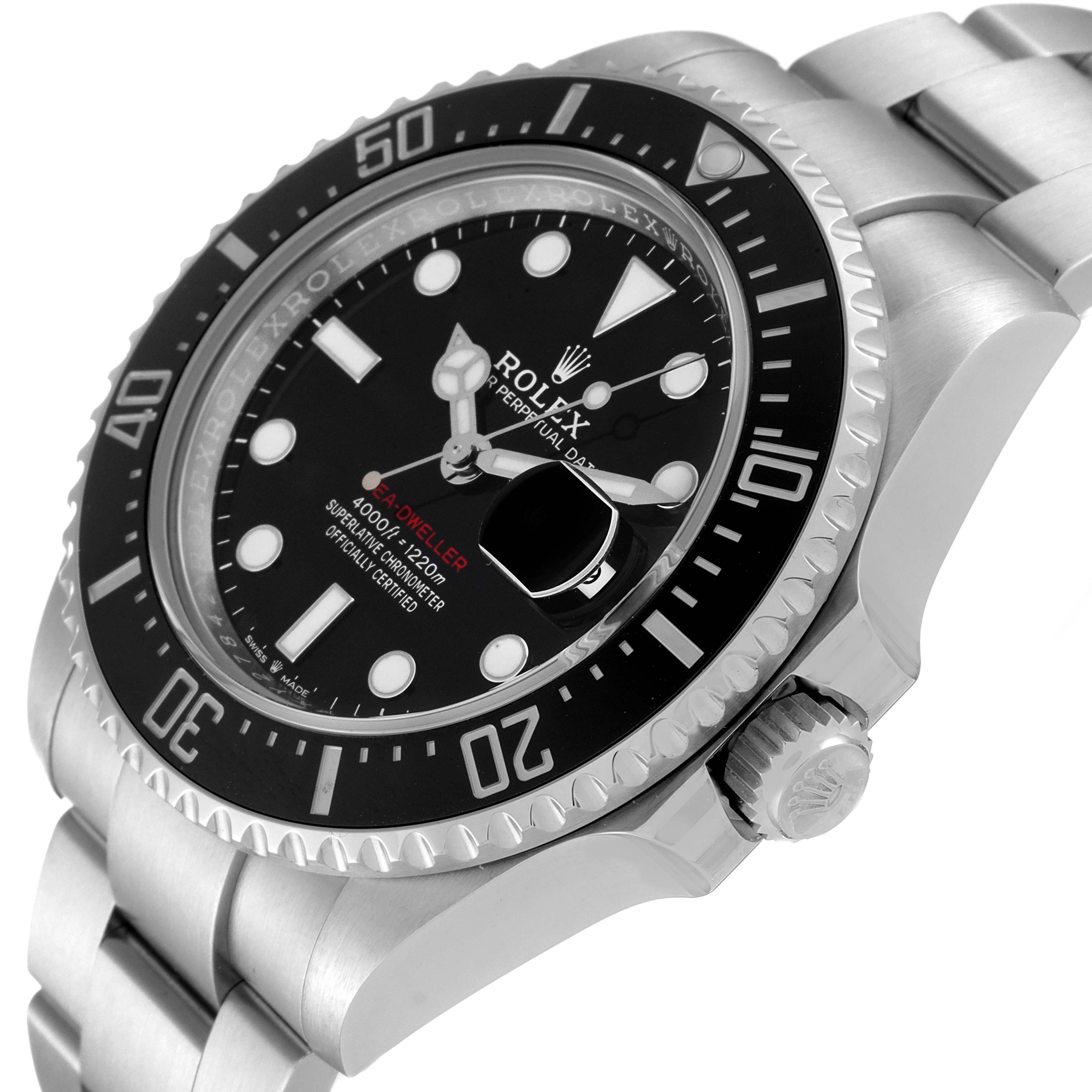 The image shows a close-up angle of a Rolex Sea-Dweller 126600 Men
s Stainless Steel Black Dial 126600 Men
s Stainless Steel Black Dial watch displaying its bezel, dial, and bracelet.