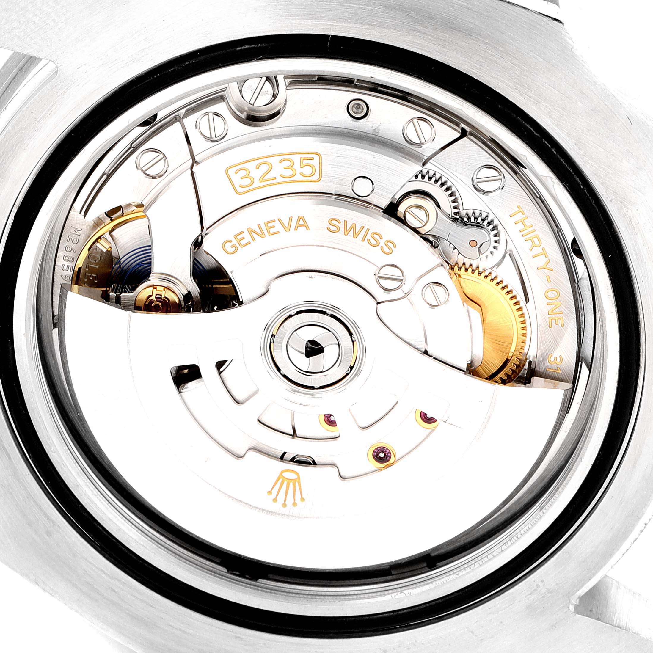 This image shows a close-up view of the movement of the Rolex Sea-Dweller 126600 Men
s Stainless Steel Black Dial 126600 Men
s Stainless Steel Black Dial watch, specifically the Caliber 3235.