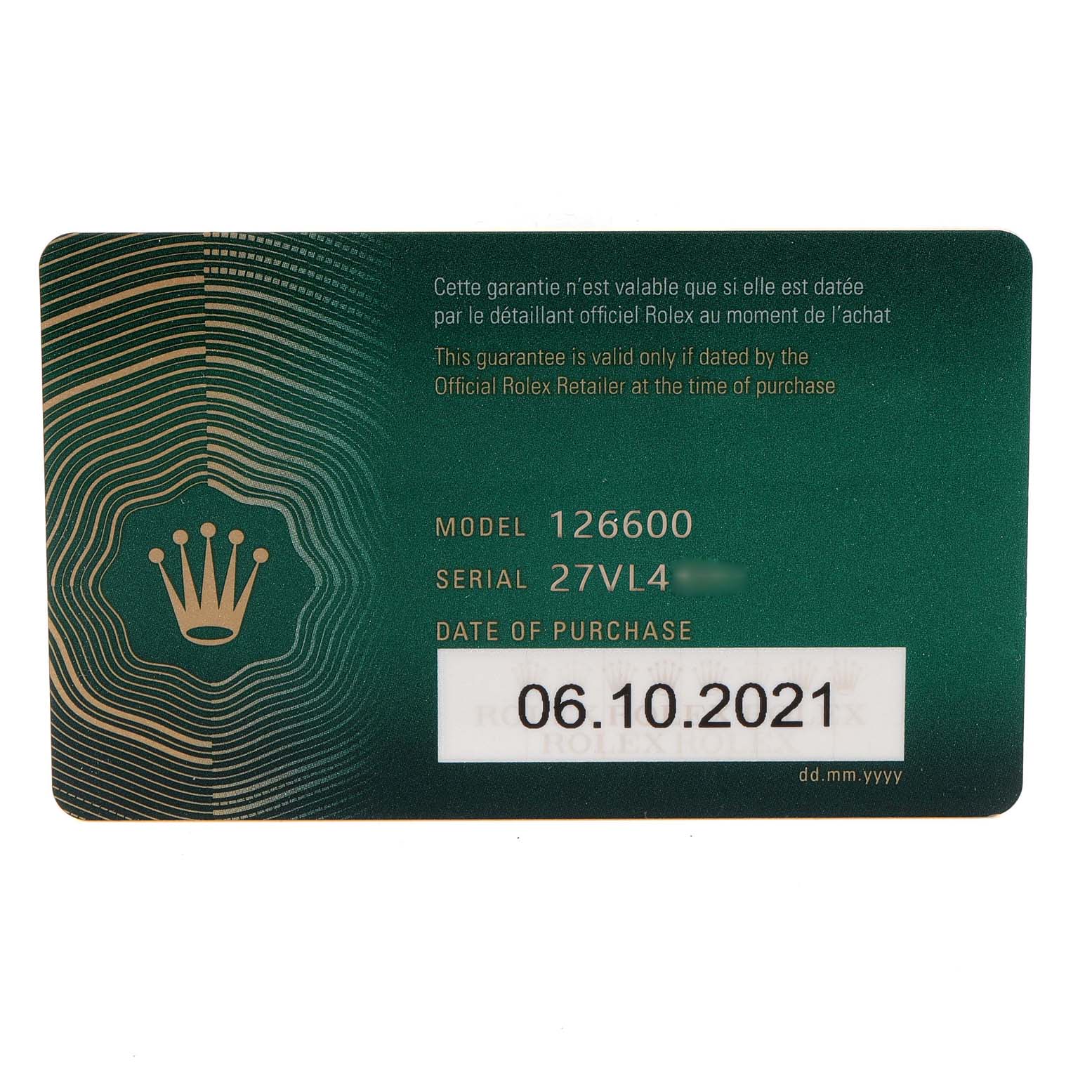 This image shows a Rolex warranty card for the Sea-Dweller model, with details like the model number, serial number, and date of purchase.