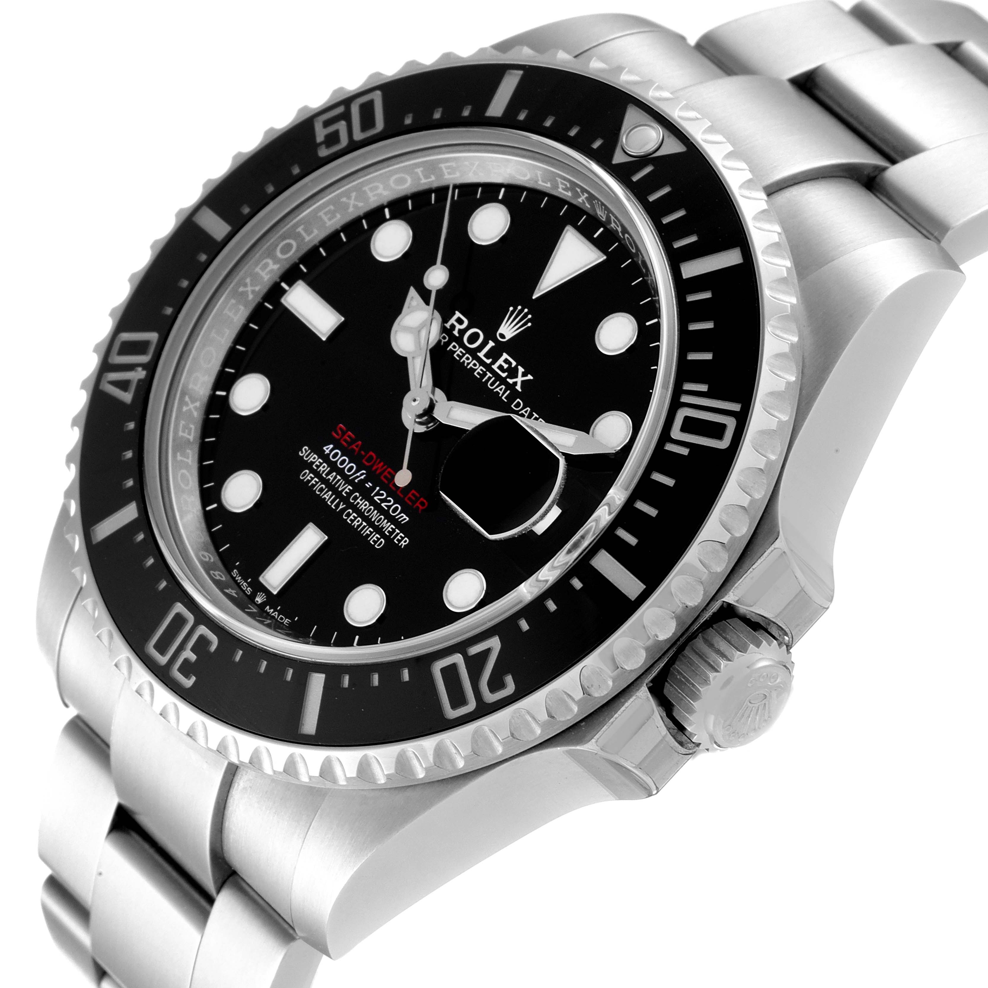 This image shows a side view of the Rolex Sea-Dweller 126600 Men
s Stainless Steel Black Dial 126600 Men
s Stainless Steel Black Dial, highlighting its bezel, crown, dial, and metal bracelet.