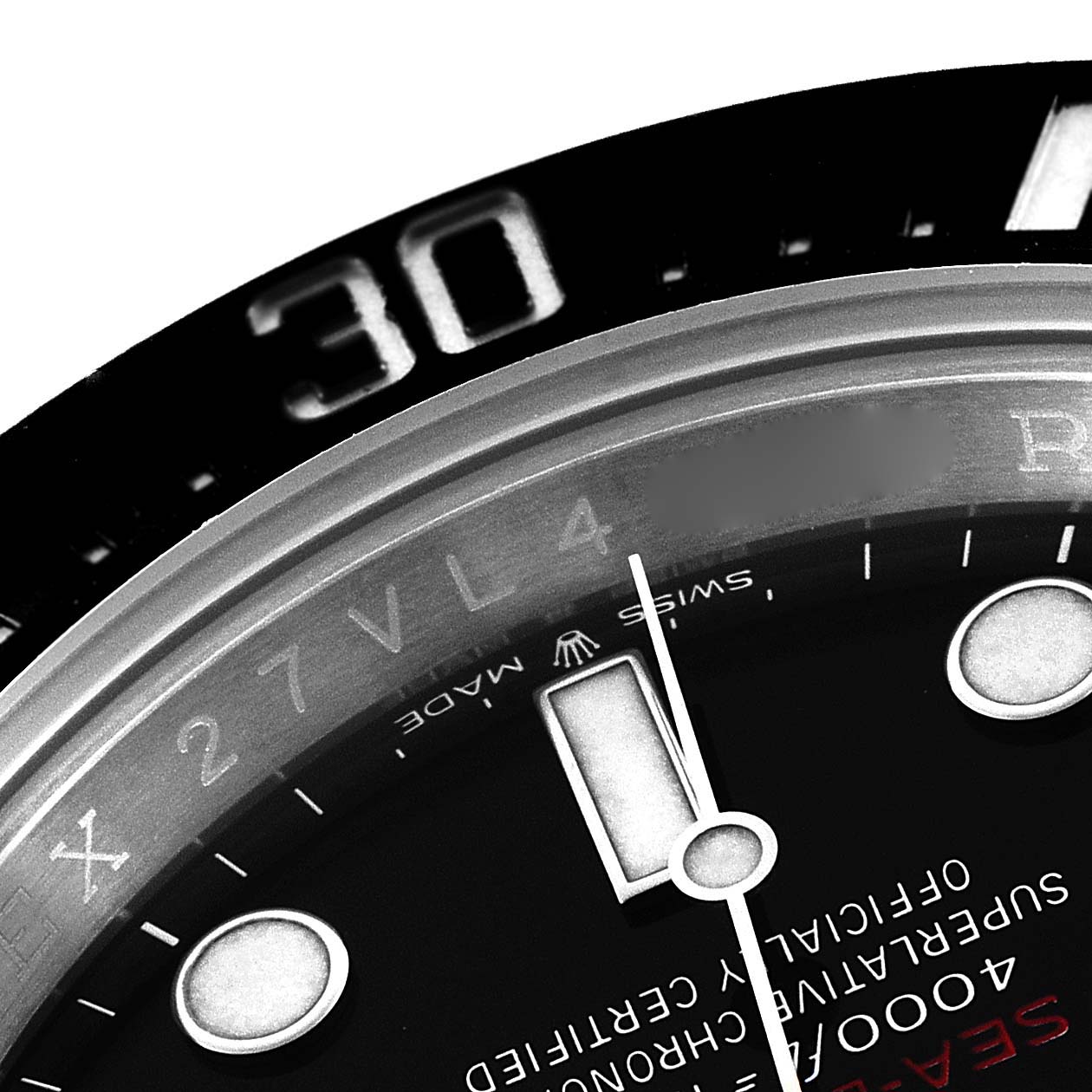 This image shows a close-up of the dial and bezel of a Rolex Sea-Dweller 126600 Men
s Stainless Steel Black Dial 126600 Men
s Stainless Steel Black Dial watch, highlighting the 30-minute marker and Swiss-made text.