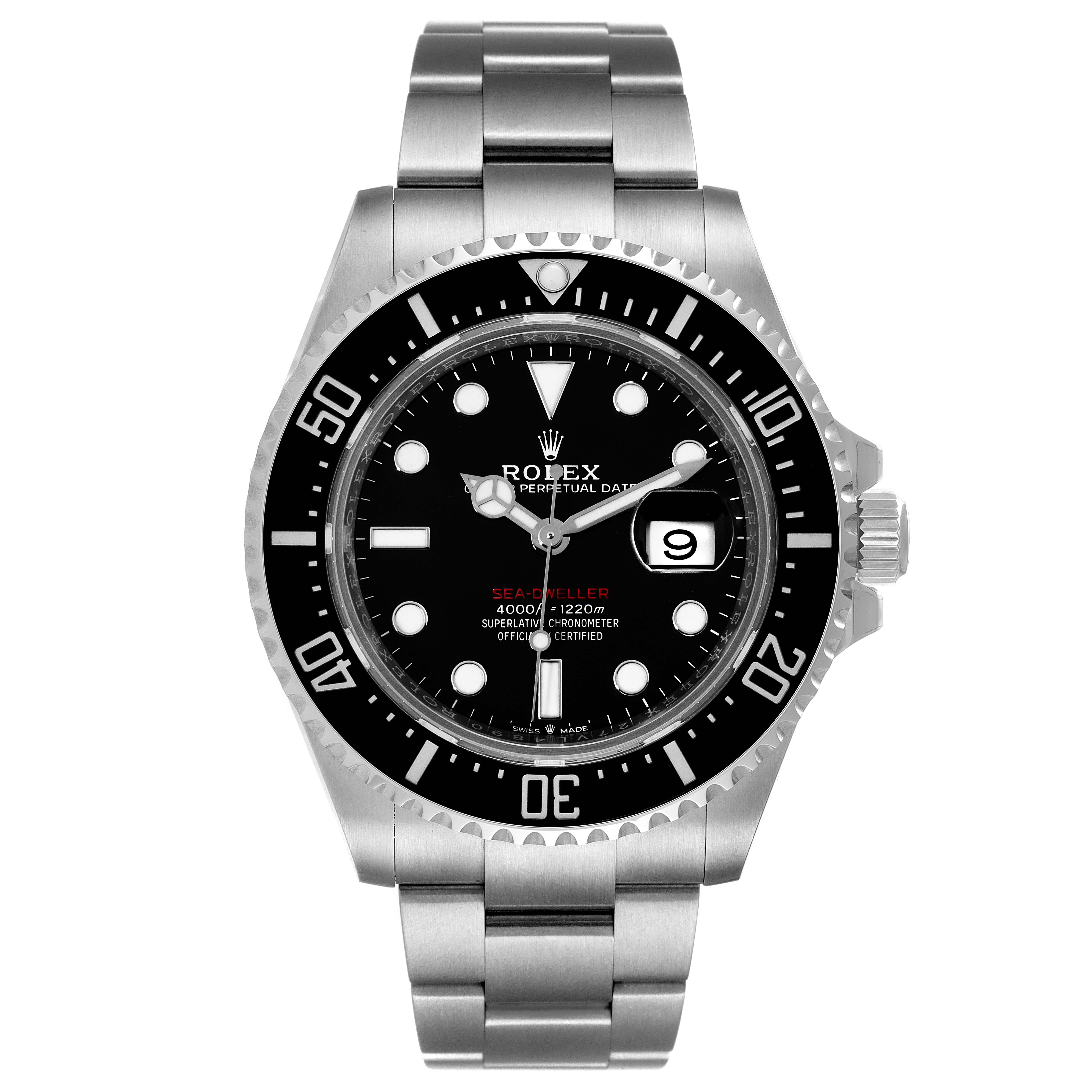 The image shows a front view of a Rolex Sea-Dweller 126600 Men
s Stainless Steel Black Dial 126600 Men
s Stainless Steel Black Dial watch, displaying the face, bezel, crown, and bracelet.