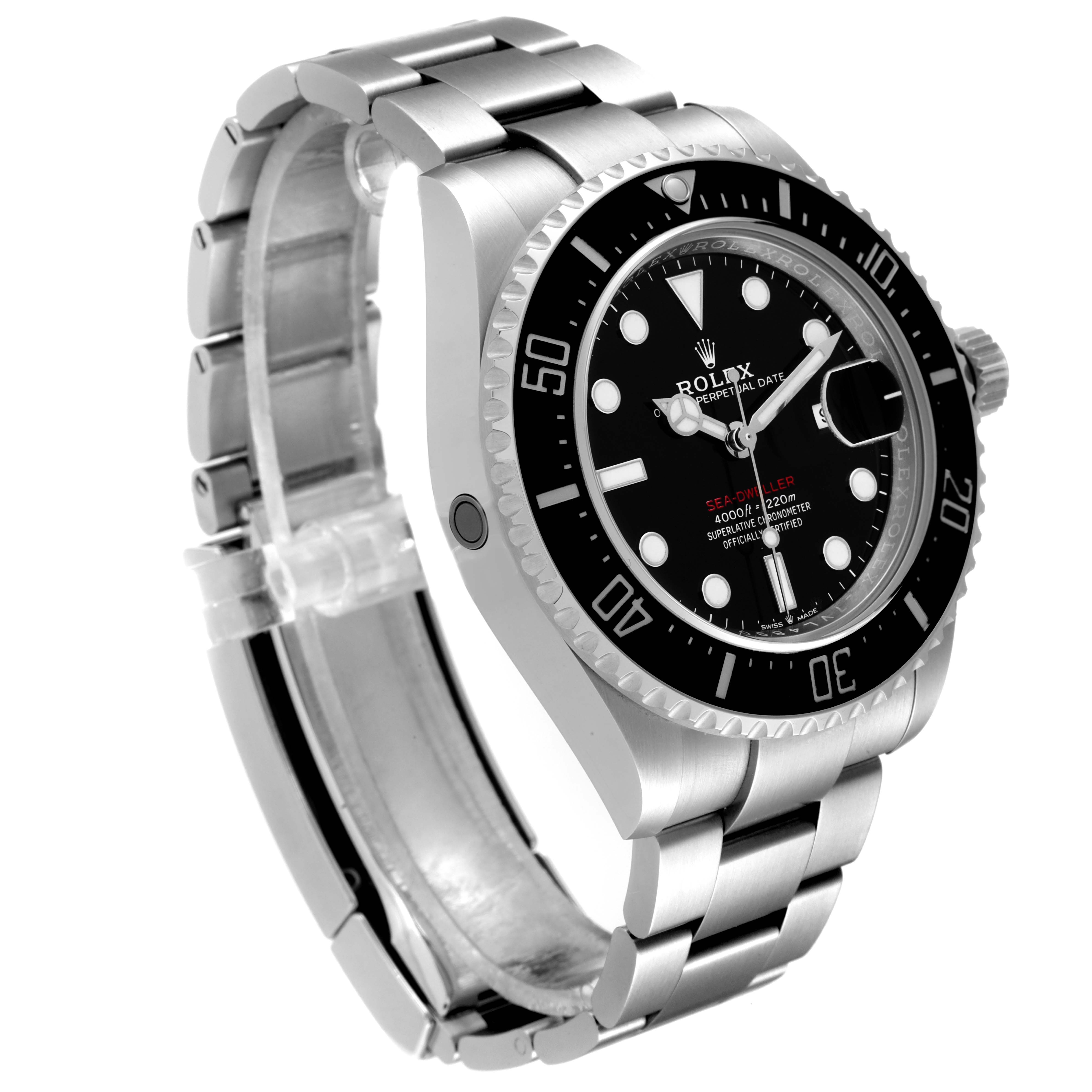 The image shows a Rolex Sea-Dweller 126600 Men
s Stainless Steel Black Dial 126600 Men
s Stainless Steel Black Dial watch at a slightly tilted angle, highlighting its black dial, bezel, and stainless steel bracelet.