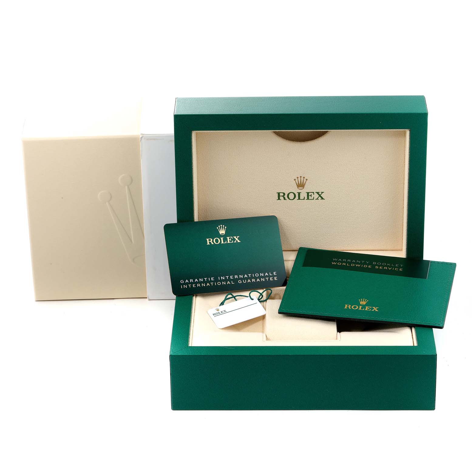 The image shows the packaging, warranty card, and booklet for the Rolex Sea-Dweller 126600 Men
s Stainless Steel Black Dial 126600 Men
s Stainless Steel Black Dial watch.