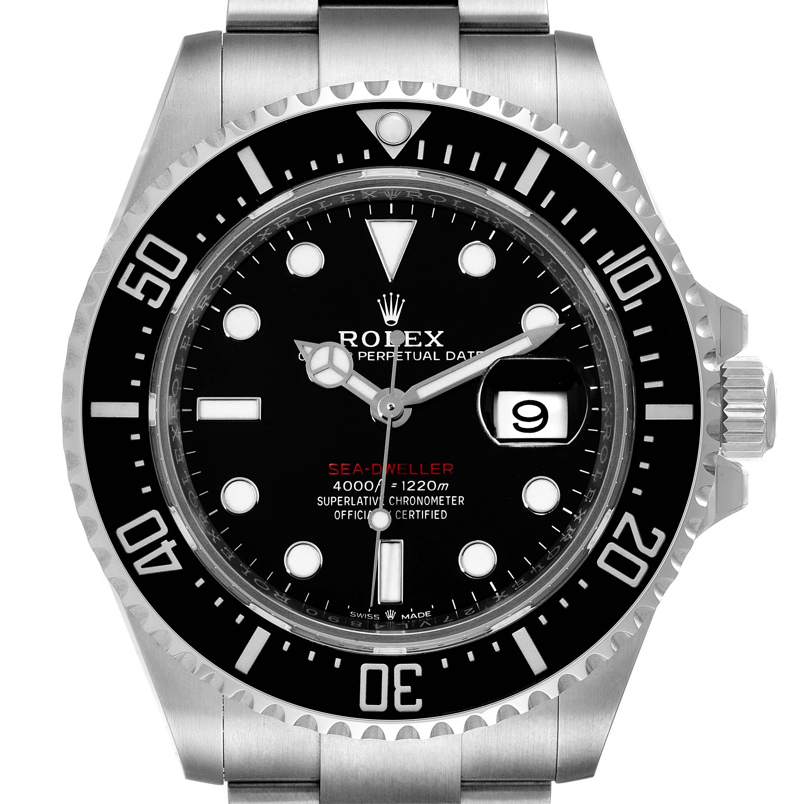 The image shows a front view of a Rolex Sea-Dweller 126600 Men
s Stainless Steel Black Dial 126600 Men
s Stainless Steel Black Dial watch, displaying the dial, bezel, crown, and bracelet.