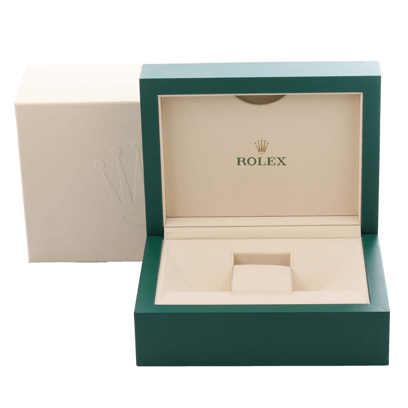 The image shows an open Rolex Sea-Dweller 126603 Men's Steel and Gold (two tone) Black Dial 126603 Men's Steel and Gold (two tone) Black Dial watch box with the inner fabric and cushioning visible.