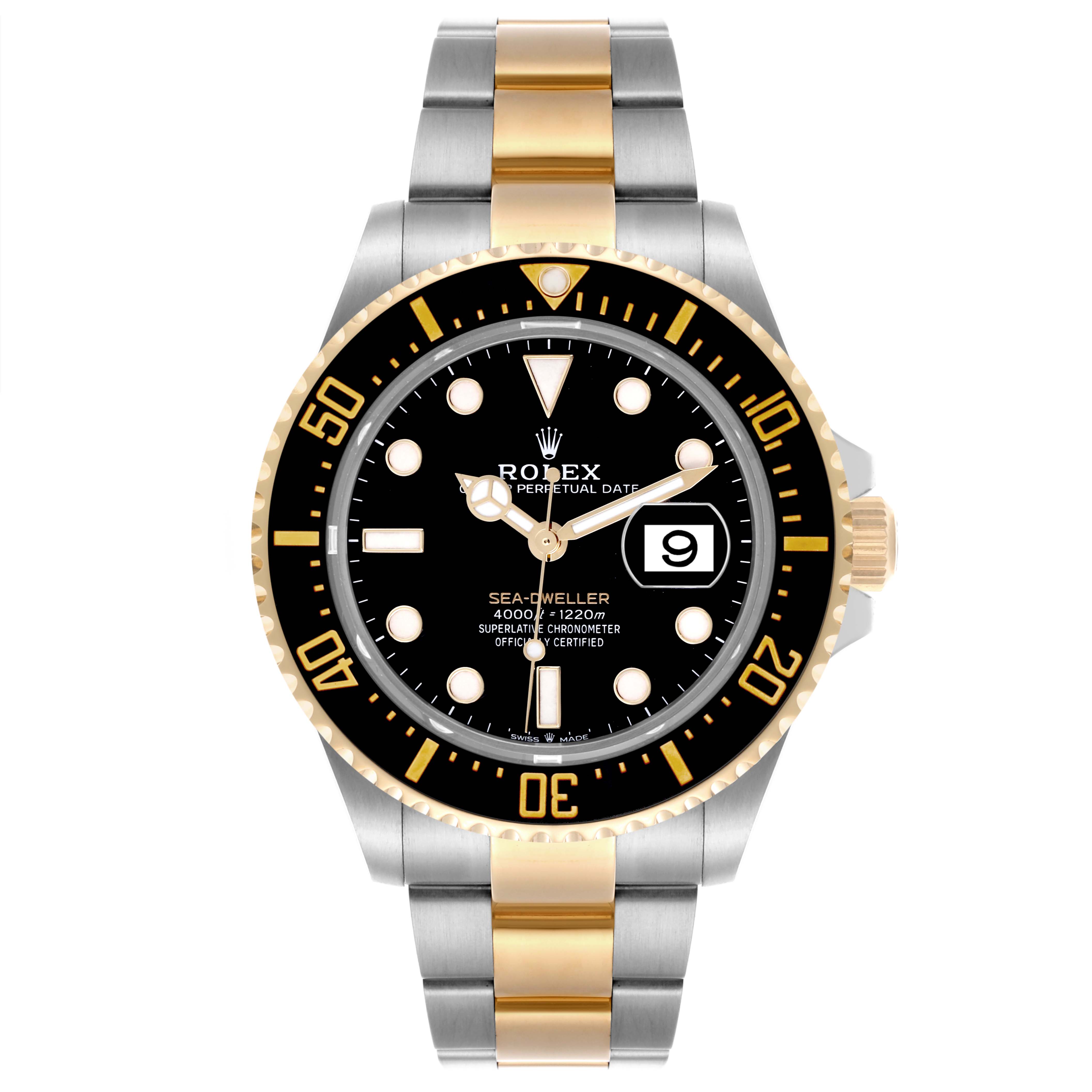 The image shows a front view of the Rolex Sea-Dweller 126603 Men's Steel and Gold (two tone) Black Dial 126603 Men's Steel and Gold (two tone) Black Dial watch, highlighting its dial, bezel, bracelet, and date window.