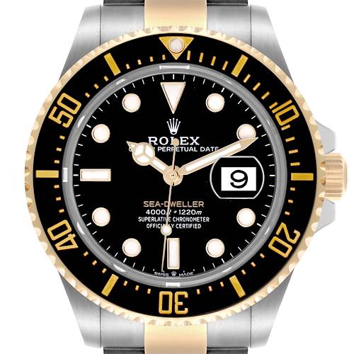 The Rolex Sea-Dweller watch is shown from the front, highlighting its face, bezel, markers, and crown.