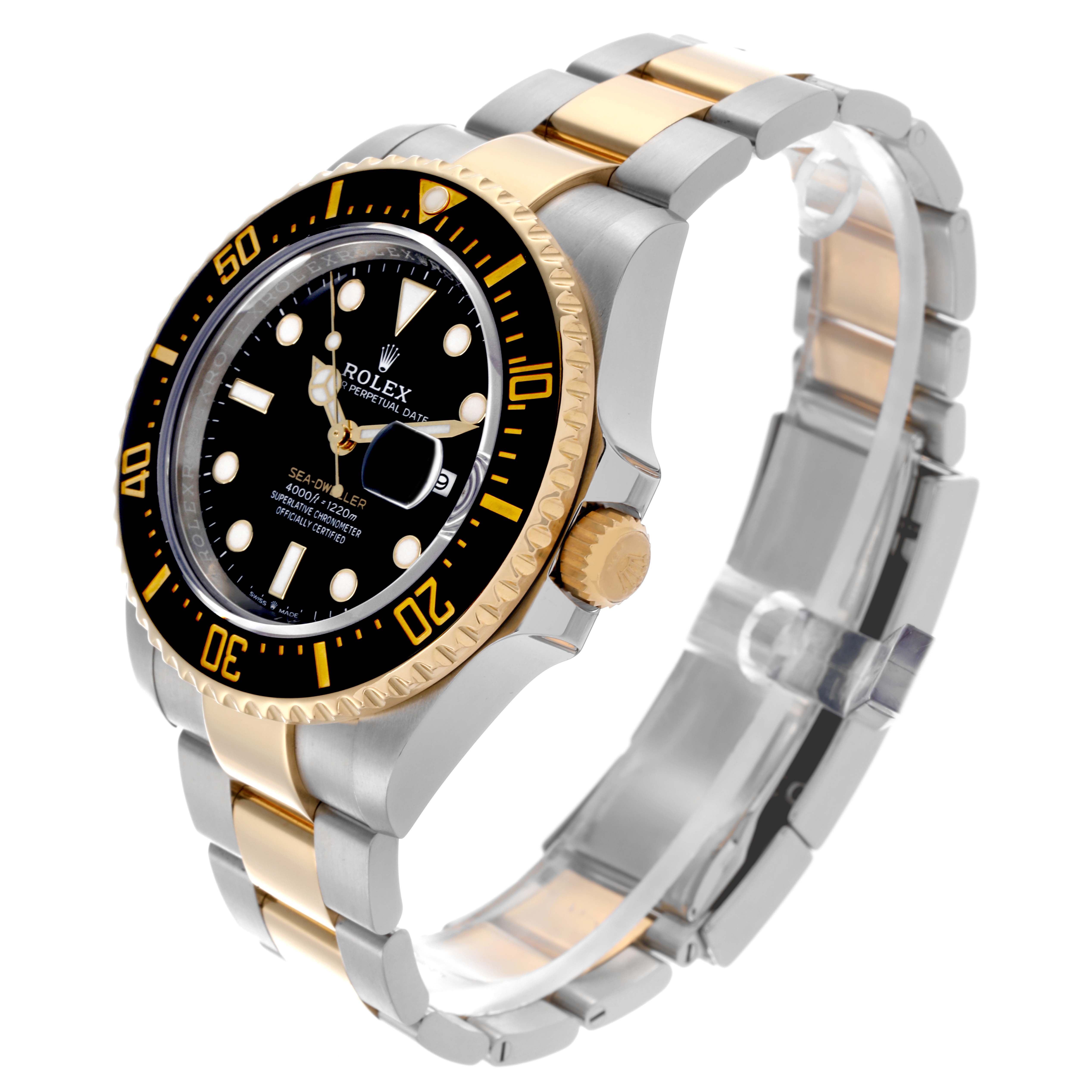The Rolex Sea-Dweller 126603 Men's Steel and Gold (two tone) Black Dial 126603 Men's Steel and Gold (two tone) Black Dial watch is shown at a three-quarter angle, highlighting the dial, bezel, crown, and bracelet.