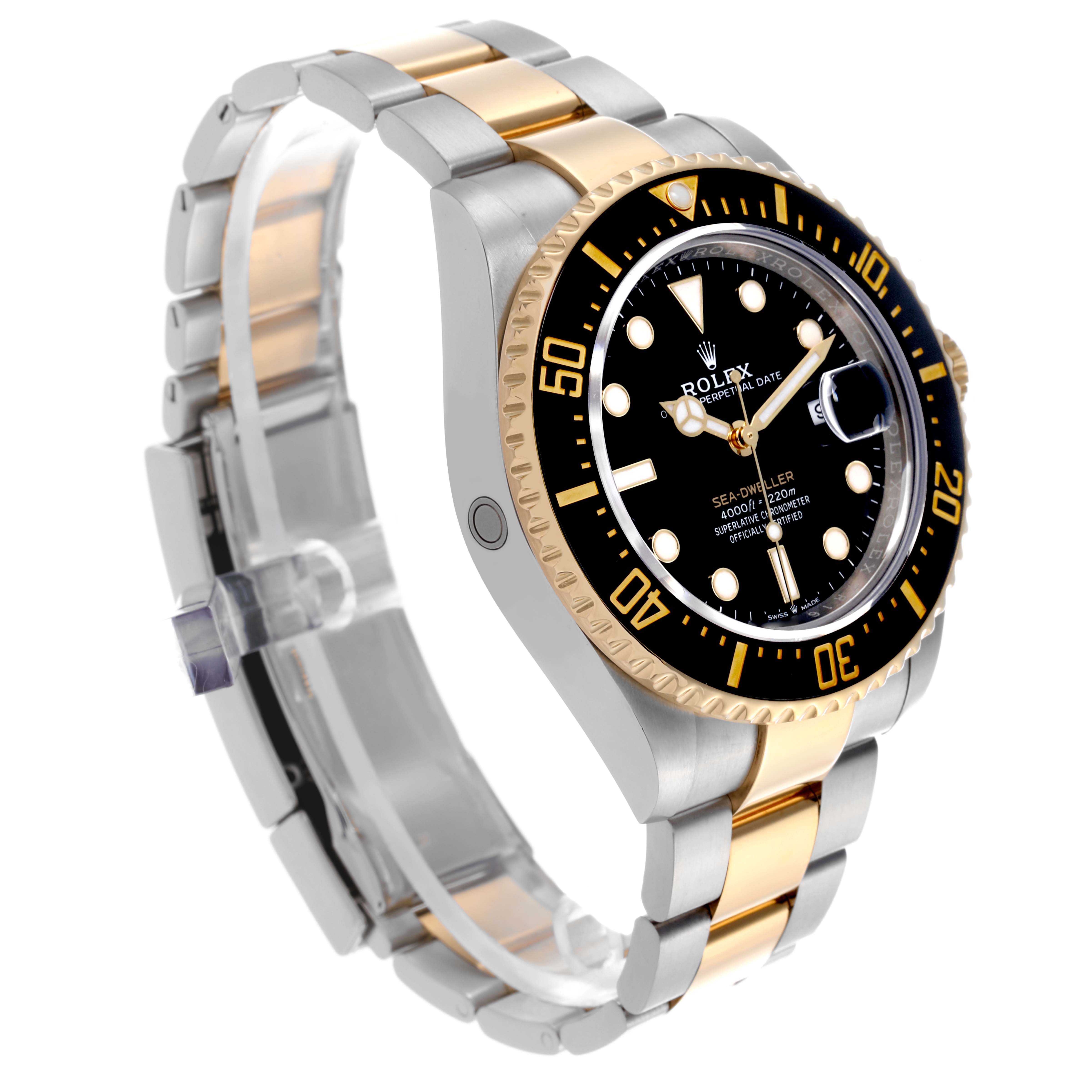 The Rolex Sea-Dweller 126603 Men's Steel and Gold (two tone) Black Dial 126603 Men's Steel and Gold (two tone) Black Dial watch is shown from a front left angle, highlighting its two-tone bracelet and black bezel.