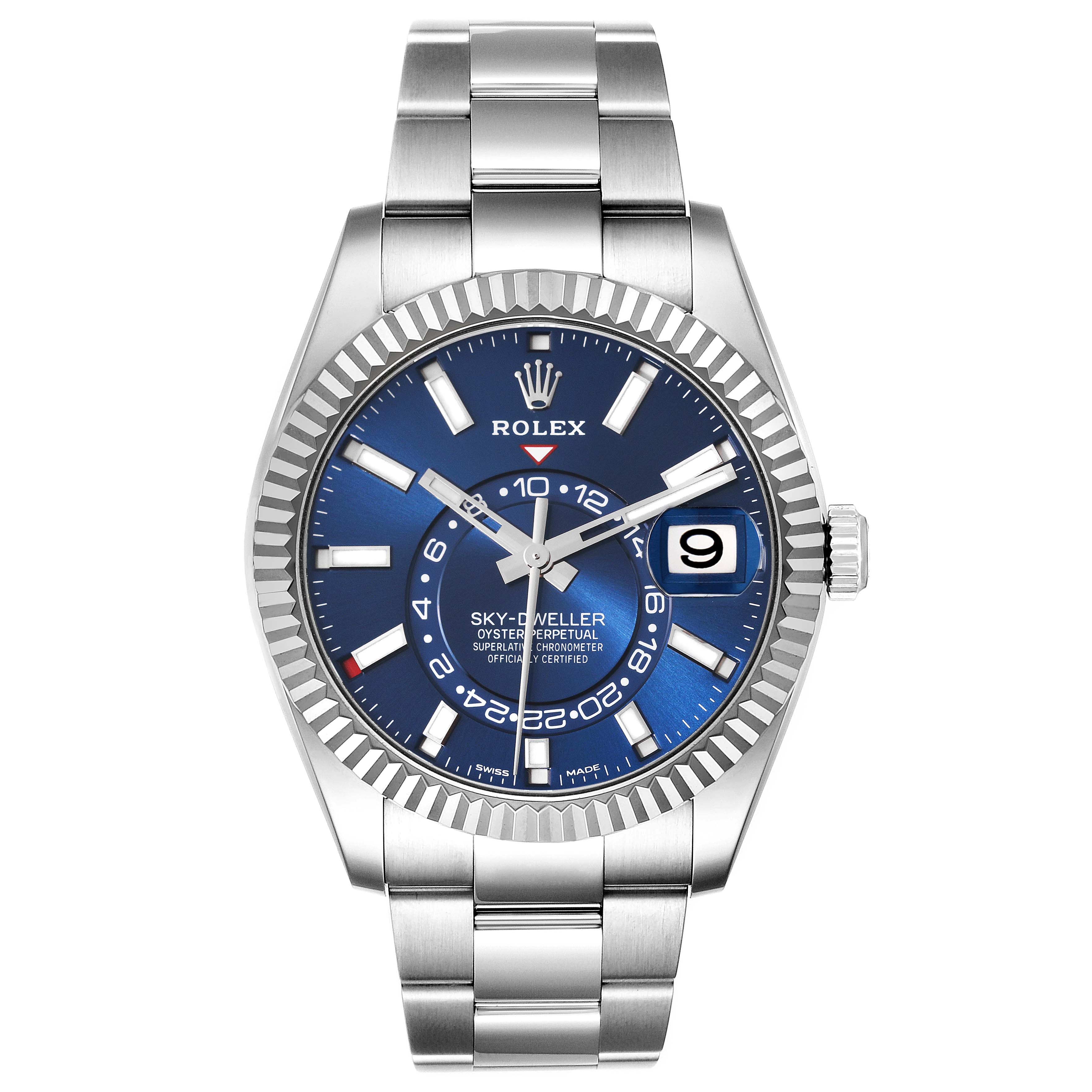 This is a front view of a Rolex Sky-Dweller 326934 Men's Stainless Steel Blue Dial 326934 Men's Stainless Steel Blue Dial watch, showcasing its blue dial, date display, and stainless steel bracelet.