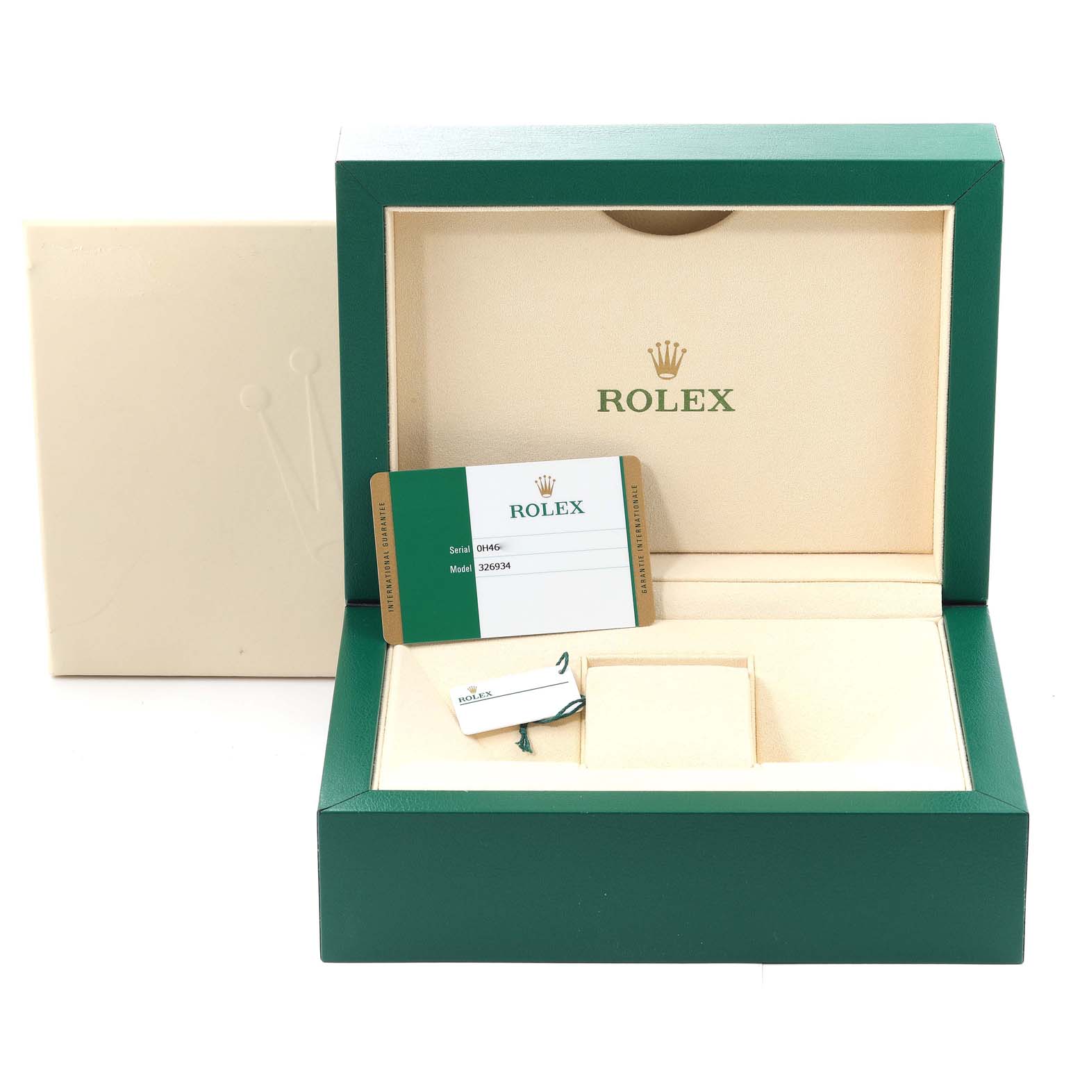 The image shows an open Rolex Sky-Dweller 326934 Men's Stainless Steel Blue Dial 326934 Men's Stainless Steel Blue Dial watch box, a warranty card, a tag, and an outer box.