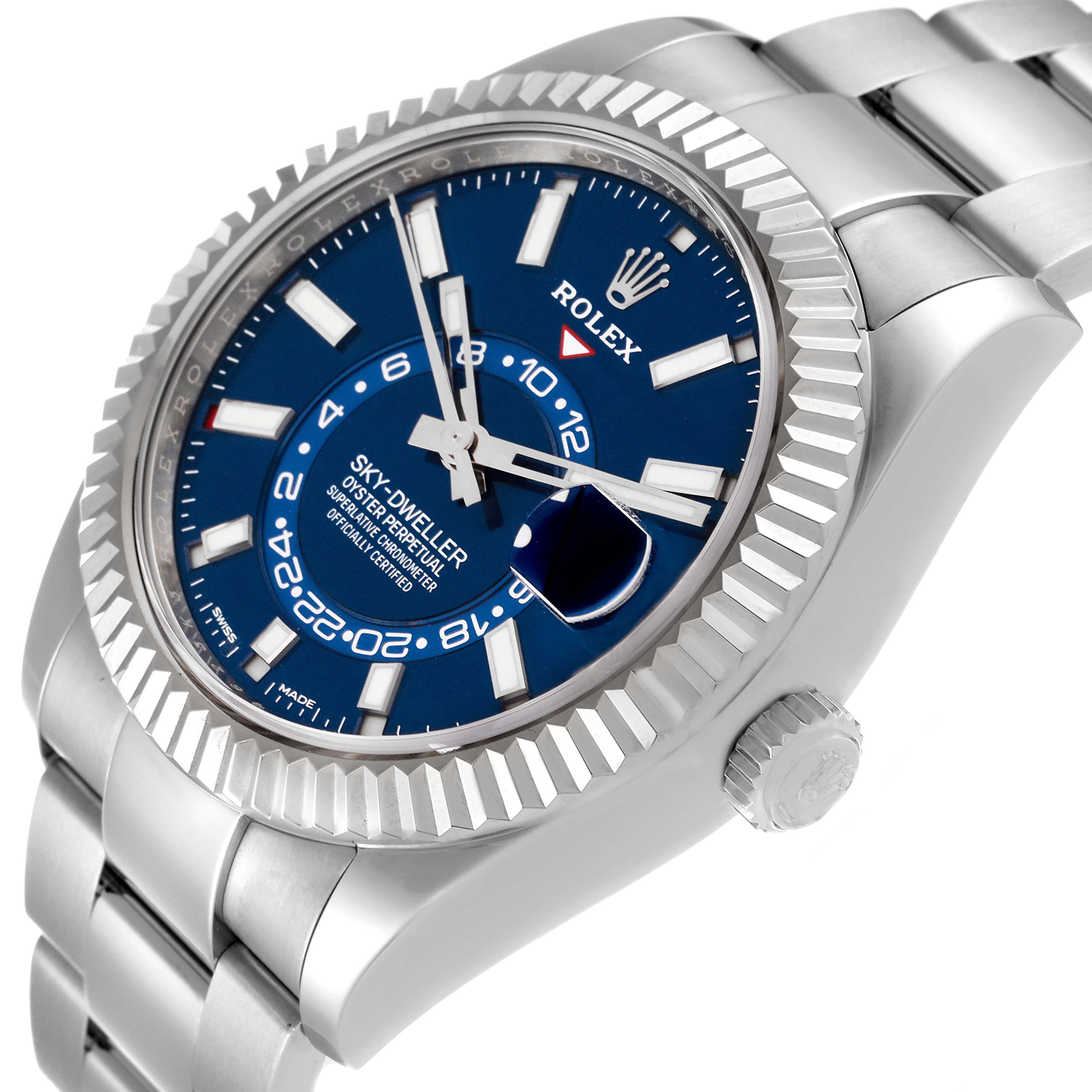 The image shows the front and side angle of a Rolex Sky-Dweller 326934 Men's Stainless Steel Blue Dial 326934 Men's Stainless Steel Blue Dial watch featuring a blue dial, fluted bezel, and stainless steel band.