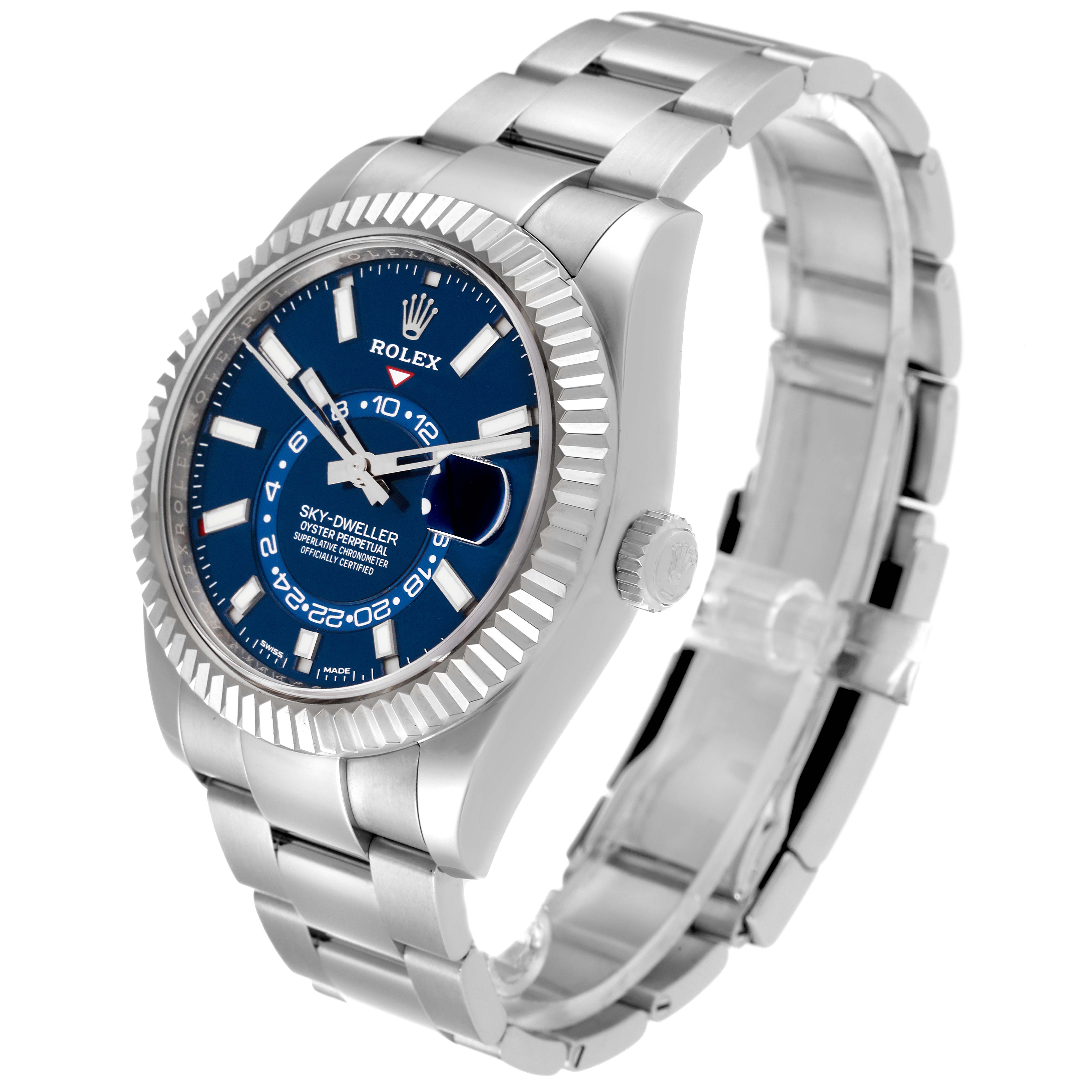 The image shows a Rolex Sky-Dweller 326934 Men's Stainless Steel Blue Dial 326934 Men's Stainless Steel Blue Dial watch at a three-quarter angle, highlighting its blue dial and stainless steel bracelet.