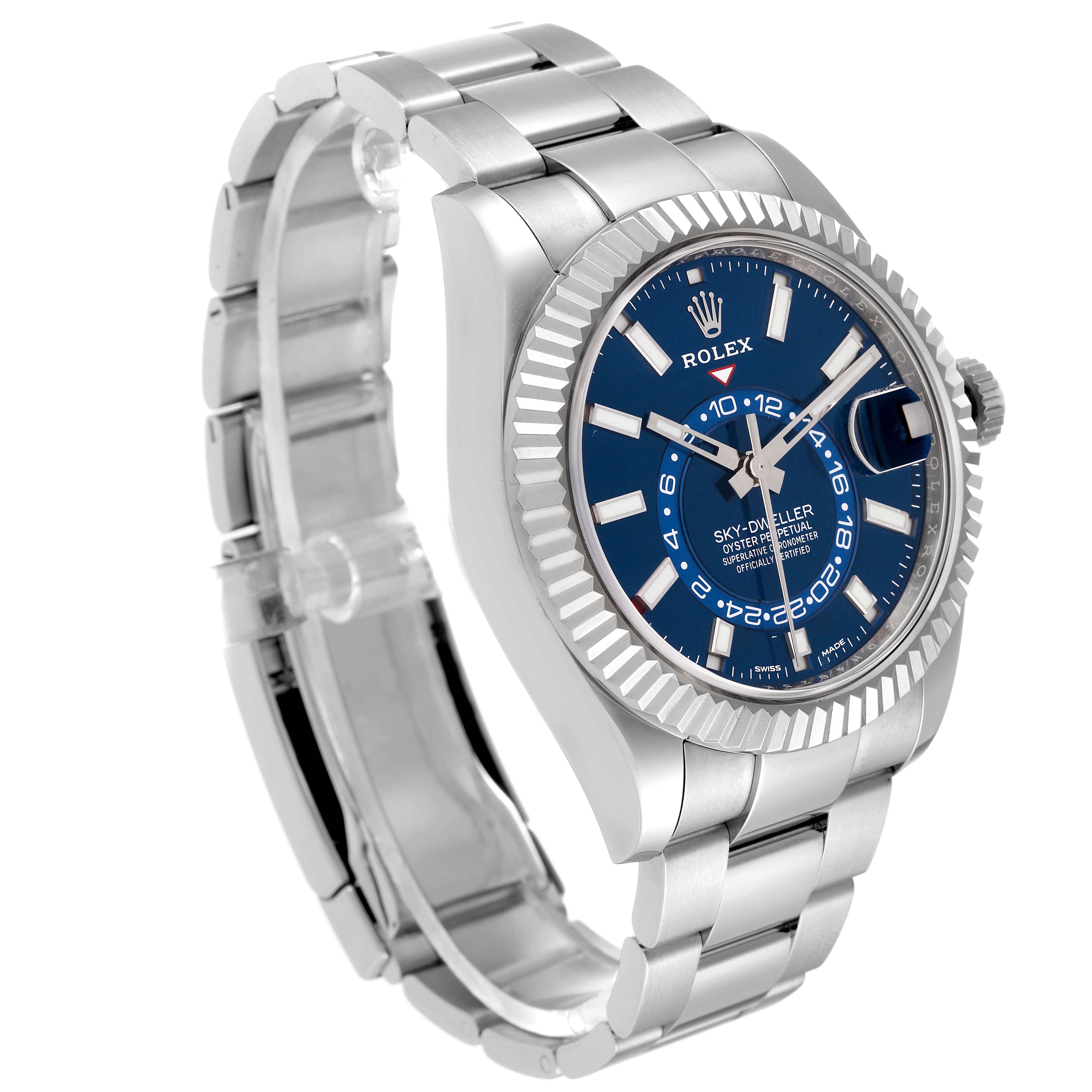 The Rolex Sky-Dweller 326934 Men's Stainless Steel Blue Dial 326934 Men's Stainless Steel Blue Dial watch is shown in a three-quarter view, highlighting the dial, crown, bracelet, and partially the clasp.