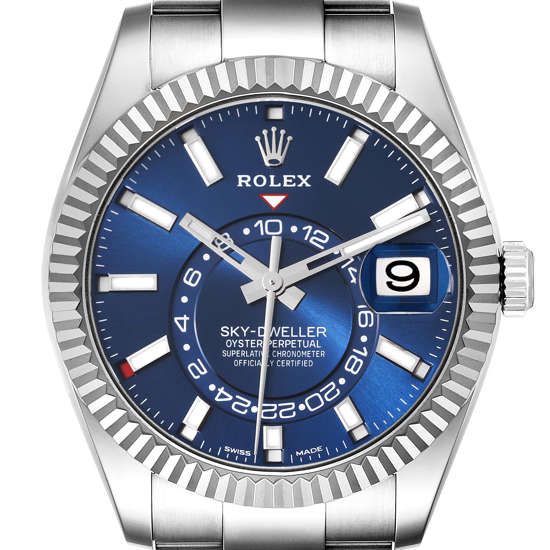 The image shows the face of the Rolex Sky-Dweller 326934 Men's Stainless Steel Blue Dial 326934 Men's Stainless Steel Blue Dial watch with a blue dial, fluted bezel, date window, and luminous markers.
