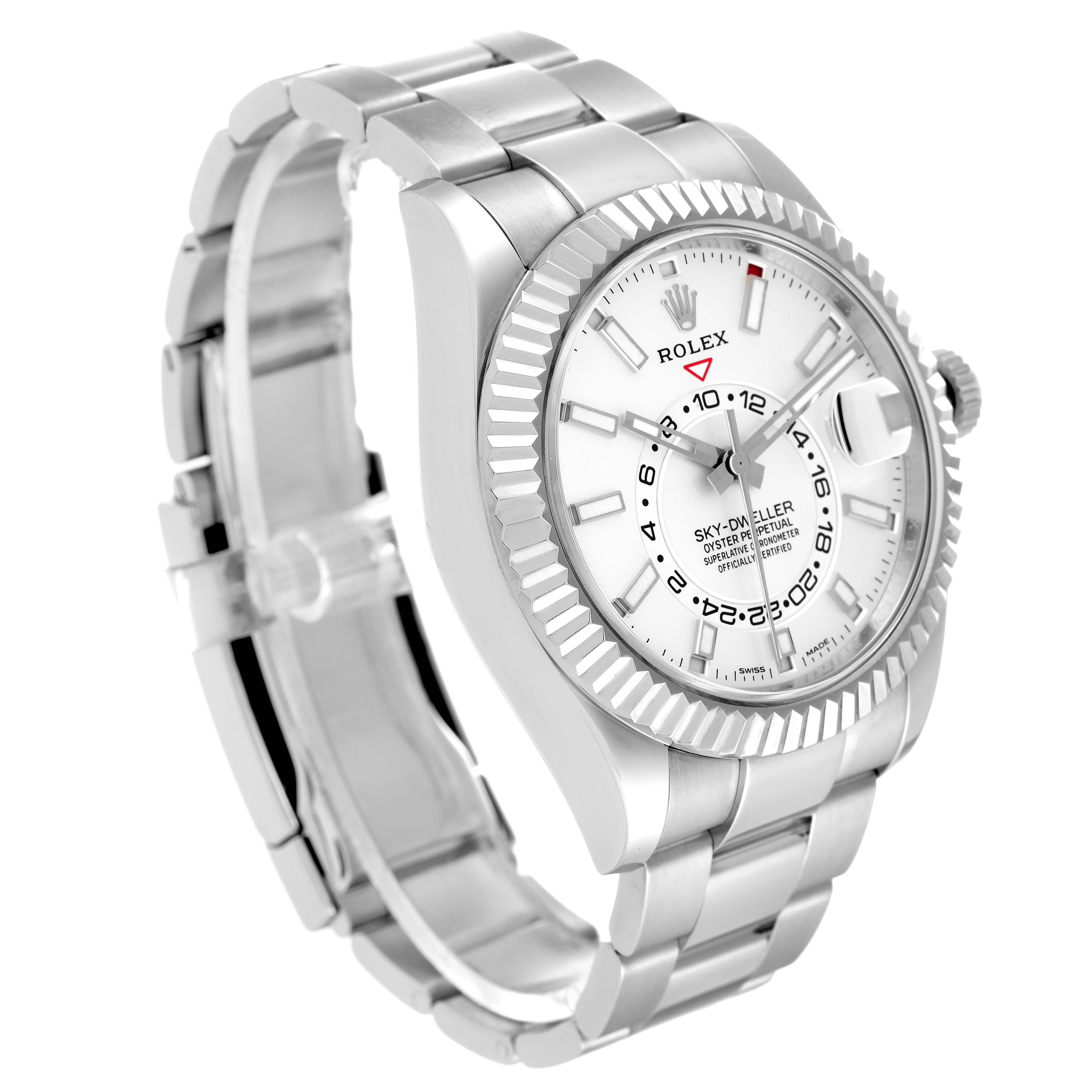 This image shows a side view of the Rolex Sky-Dweller 326934 Men's Stainless Steel White Dial 326934 Men's Stainless Steel White Dial watch, highlighting the watch face, bezel, band, and crown.