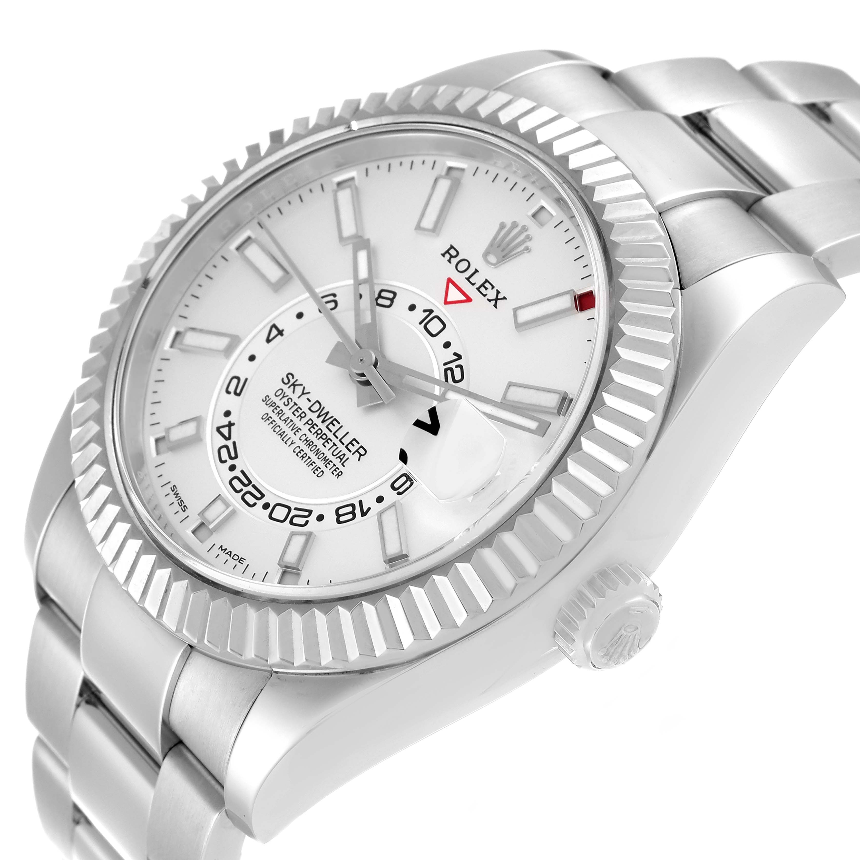 The image shows a close-up angled view of the Rolex Sky-Dweller 326934 Men's Stainless Steel White Dial 326934 Men's Stainless Steel White Dial watch, focusing on the bezel, dial, and bracelet.