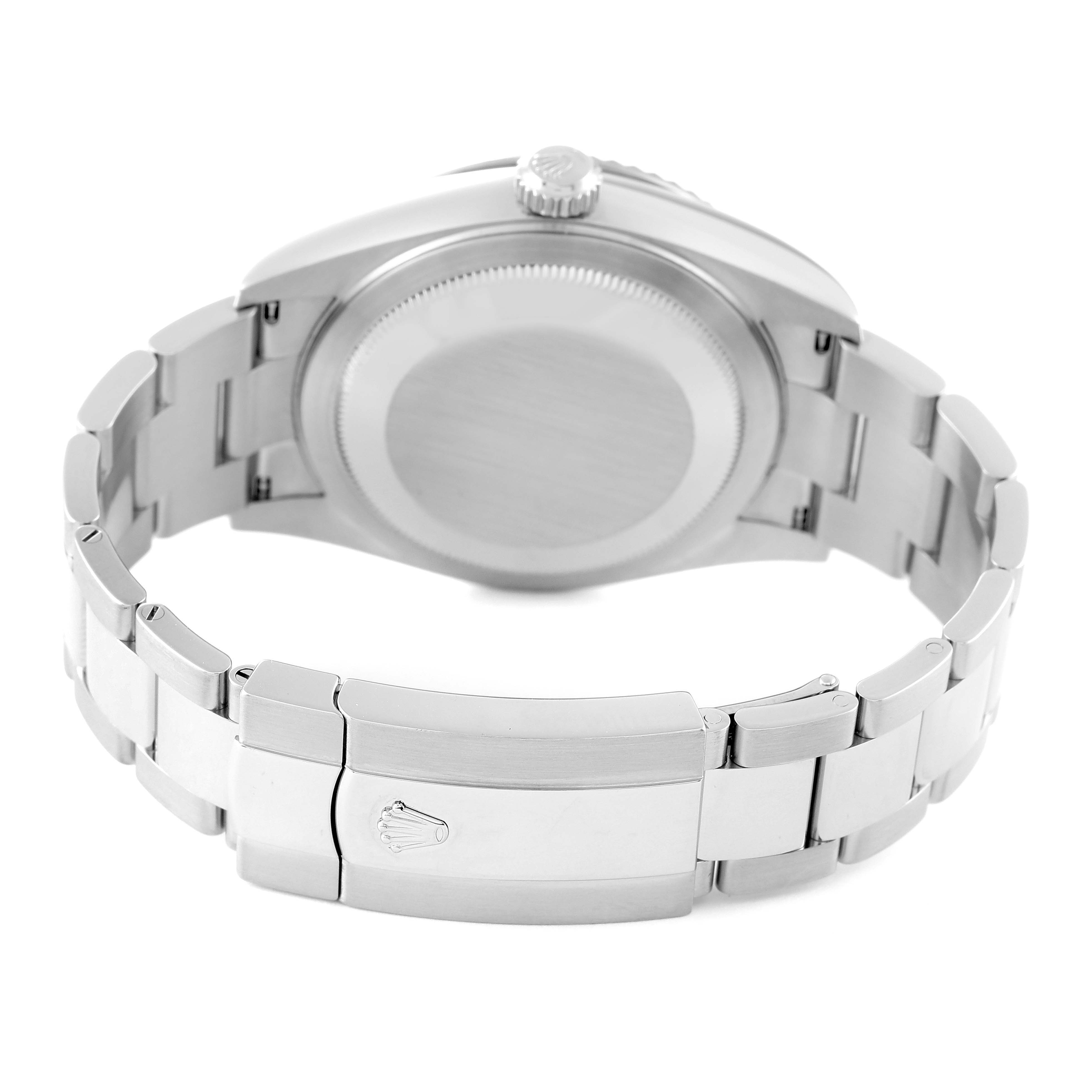 The image shows the back view of a Rolex Sky-Dweller 326934 Men's Stainless Steel White Dial 326934 Men's Stainless Steel White Dial, highlighting its clasp and bracelet.