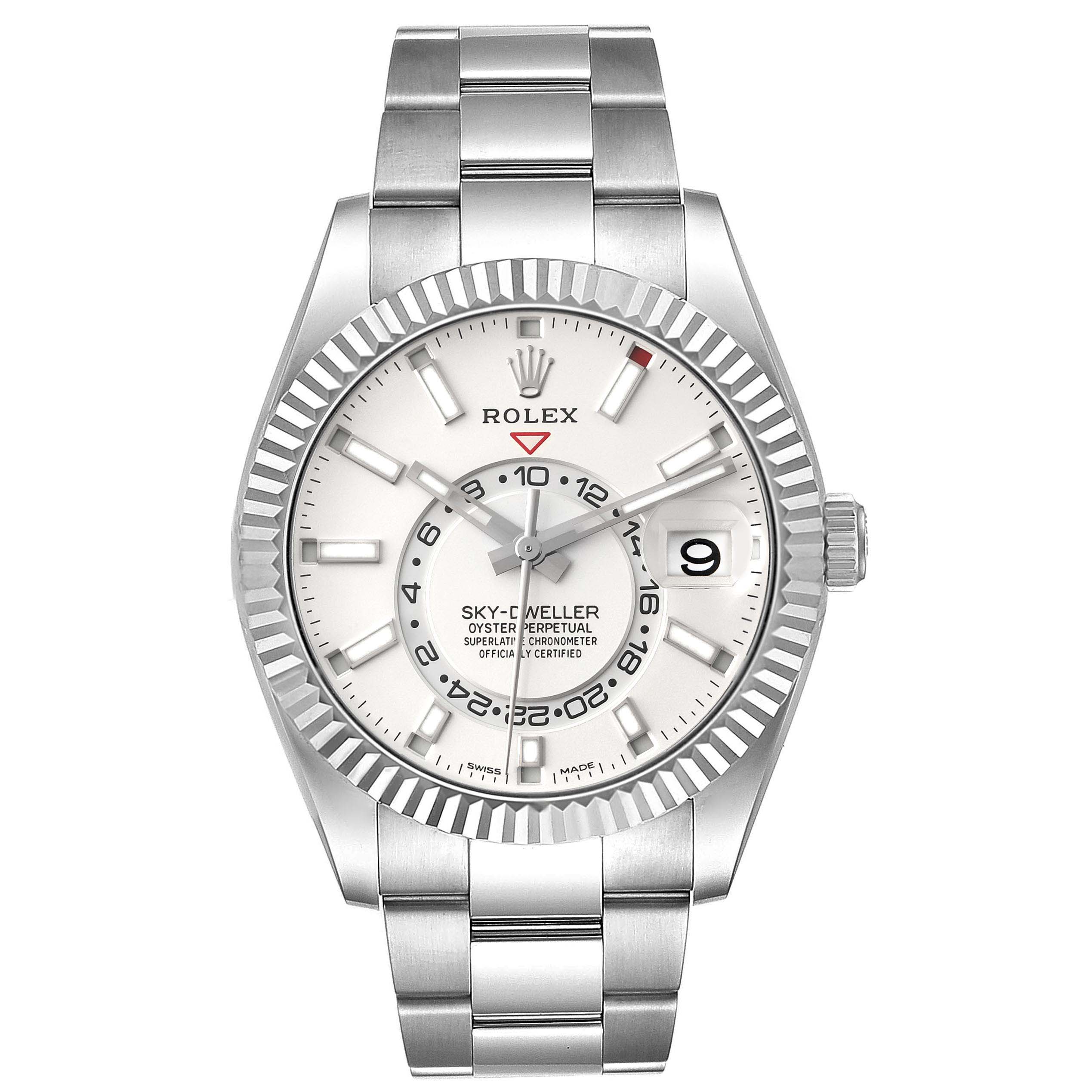 The image shows a front view of the Rolex Sky-Dweller 326934 Men's Stainless Steel White Dial 326934 Men's Stainless Steel White Dial watch, highlighting the face, bezel, and bracelet.