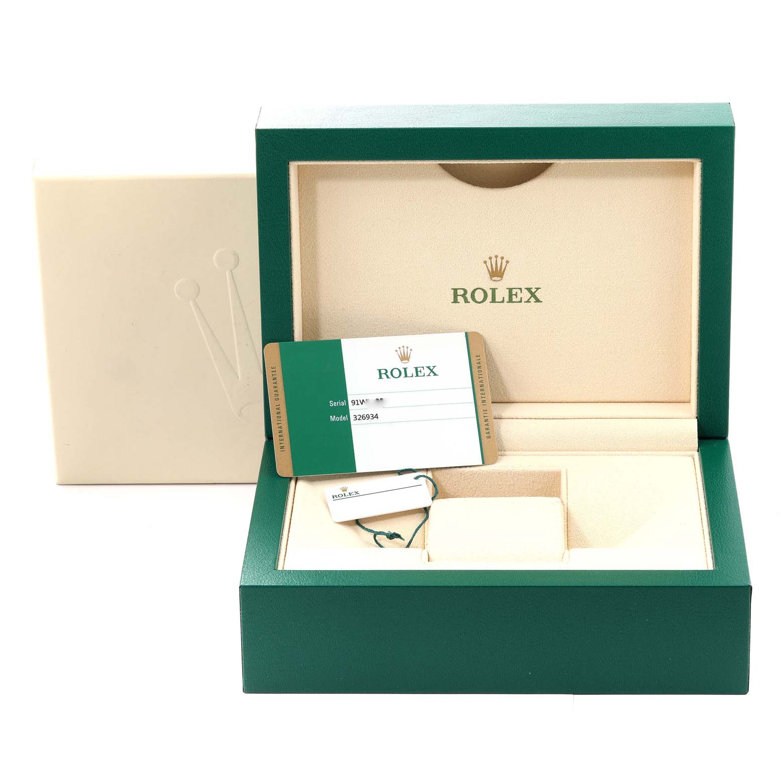 The image shows the packaging for a Rolex Sky-Dweller 326934 Men's Stainless Steel White Dial 326934 Men's Stainless Steel White Dial watch, including the green box, warranty card, and tags.