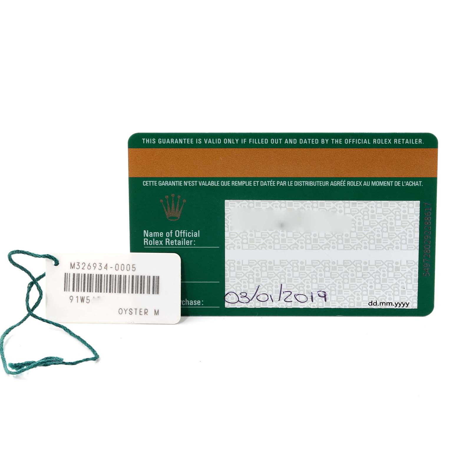 The image shows the warranty card and a tag for a Rolex Sky-Dweller 326934 Men's Stainless Steel White Dial 326934 Men's Stainless Steel White Dial watch model.