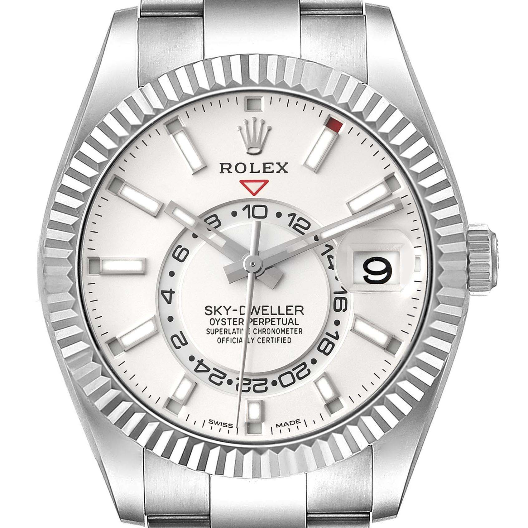 This image shows a front view of the Rolex Sky-Dweller 326934 Men's Stainless Steel White Dial 326934 Men's Stainless Steel White Dial watch, highlighting the dial, hands, bezel, and bracelet.