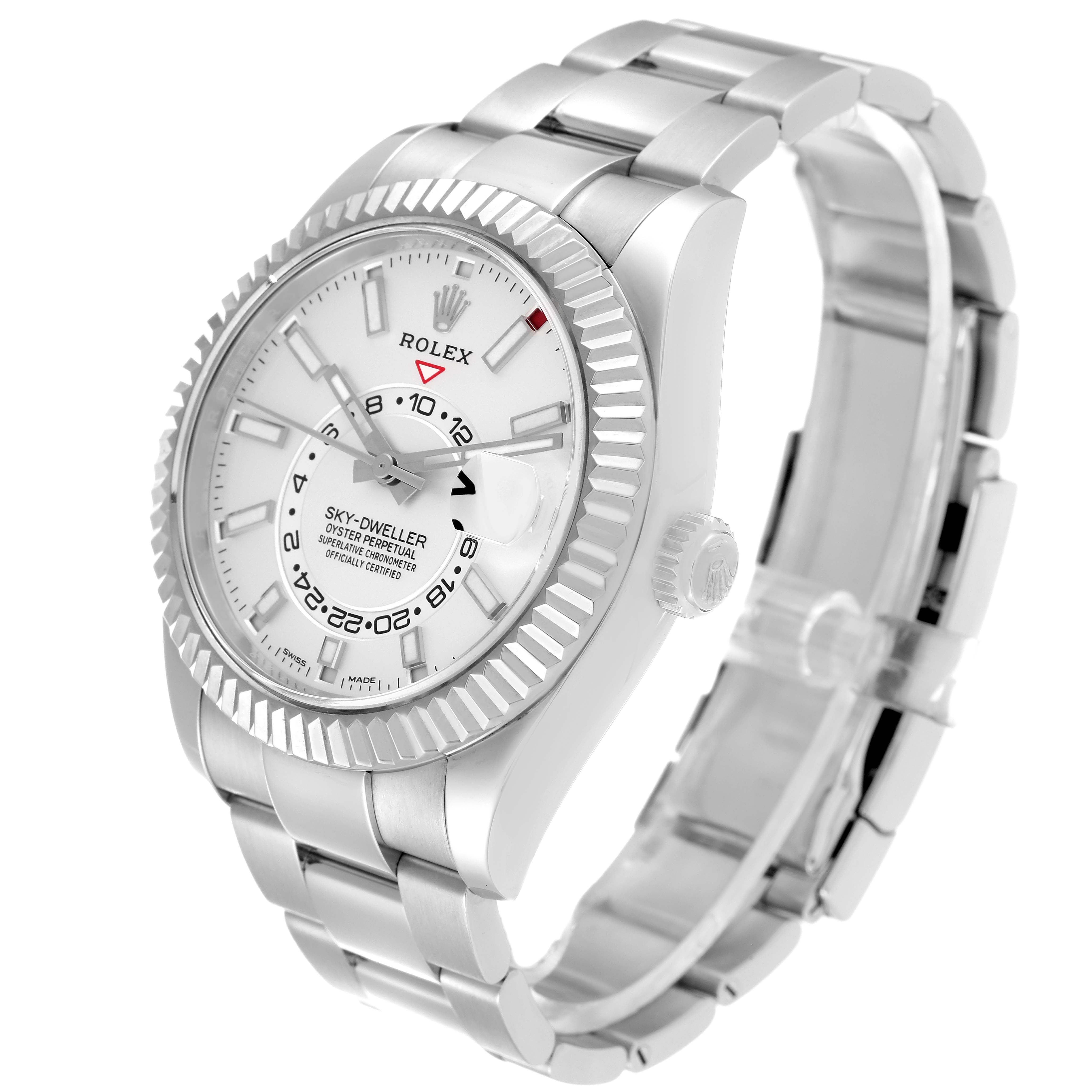 The Rolex Sky-Dweller 326934 Men's Stainless Steel White Dial 326934 Men's Stainless Steel White Dial watch is shown at a three-quarter angle, displaying the face, bezel, crown, and bracelet.