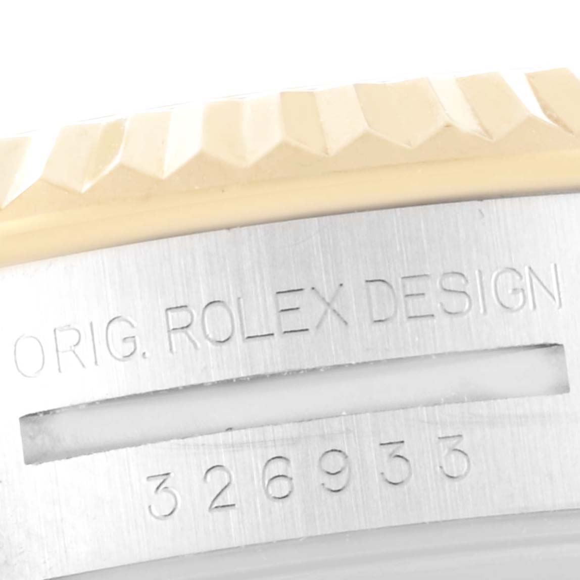 This image shows a close-up of the bezel and case of a Rolex Sky-Dweller 326933 Men's Steel and Gold (two tone) Champagne Dial 326933 Men's Steel and Gold (two tone) Champagne Dial watch, highlighting the engraving "ORIG. ROLEX DESIGN" and model number.