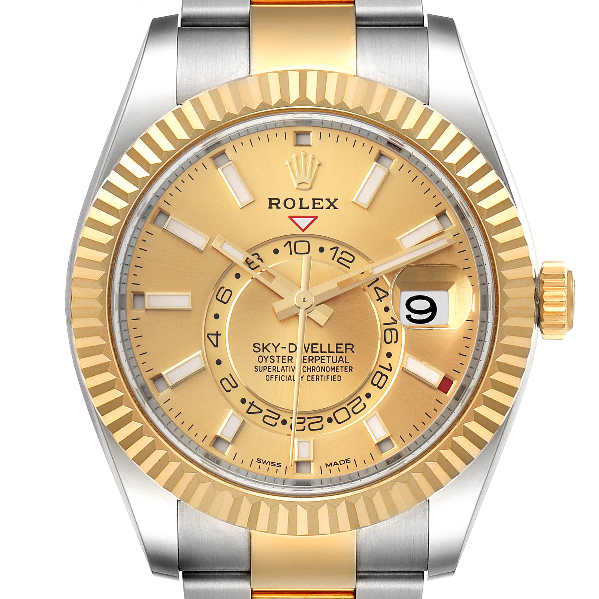 The image shows a frontal view of the Rolex Sky-Dweller 326933 Men's Steel and Gold (two tone) Champagne Dial 326933 Men's Steel and Gold (two tone) Champagne Dial watch, highlighting the dial, crown, and part of the bracelet.