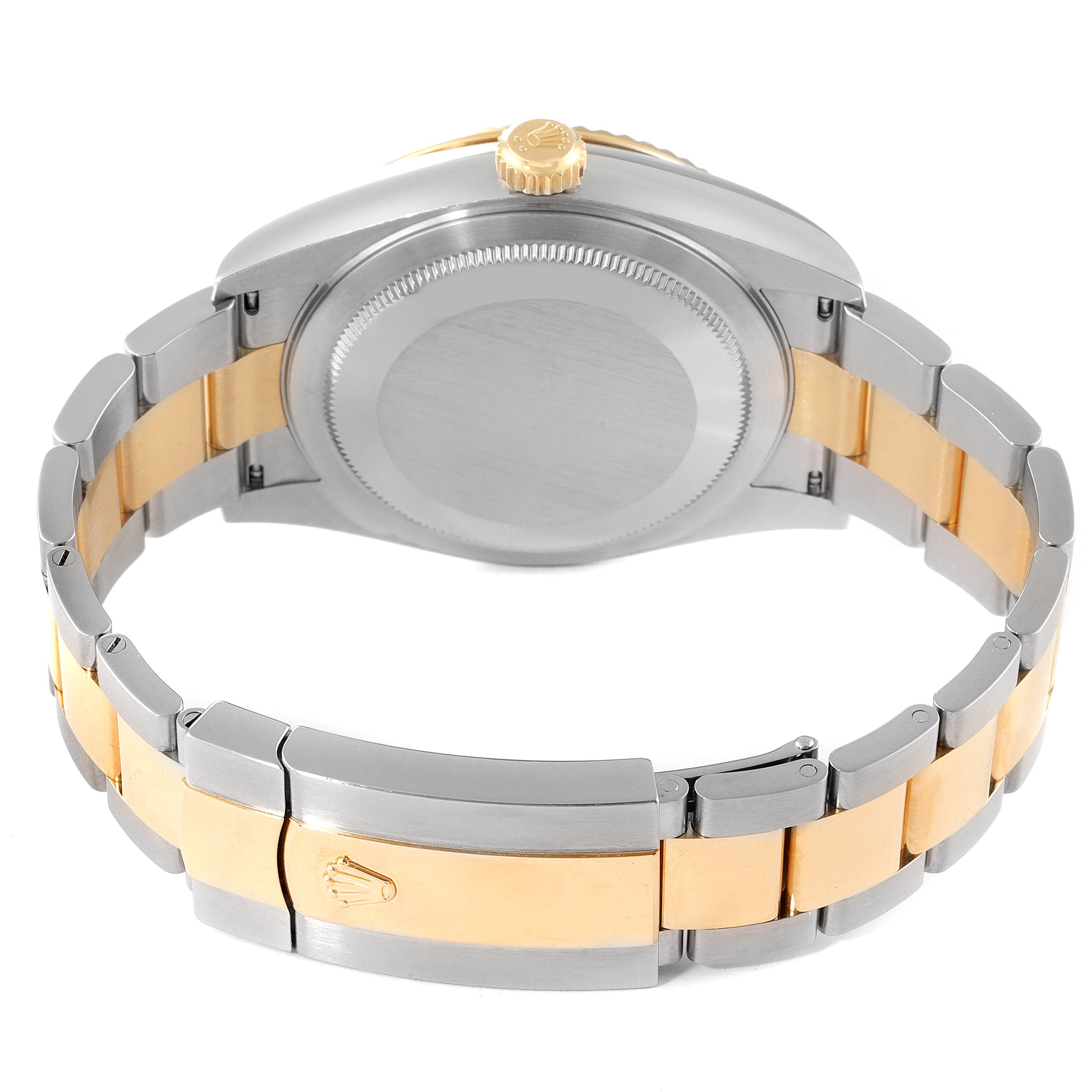 The image shows the back case and bracelet of a Rolex Sky-Dweller 326933 Men's Steel and Gold (two tone) Champagne Dial 326933 Men's Steel and Gold (two tone) Champagne Dial watch, highlighting its two-tone metal design.
