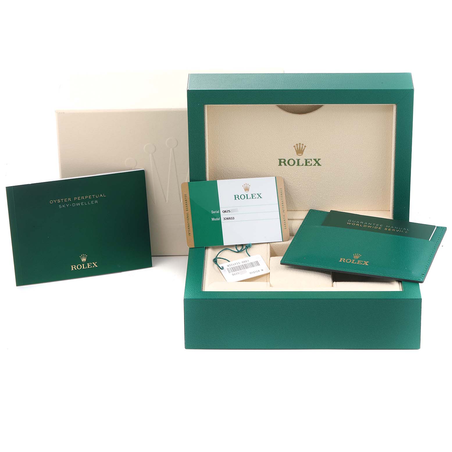 The image shows the packaging and accessories for a Rolex Sky-Dweller 326933 Men's Steel and Gold (two tone) Champagne Dial 326933 Men's Steel and Gold (two tone) Champagne Dial, including the box, warranty card, booklet, and tags.