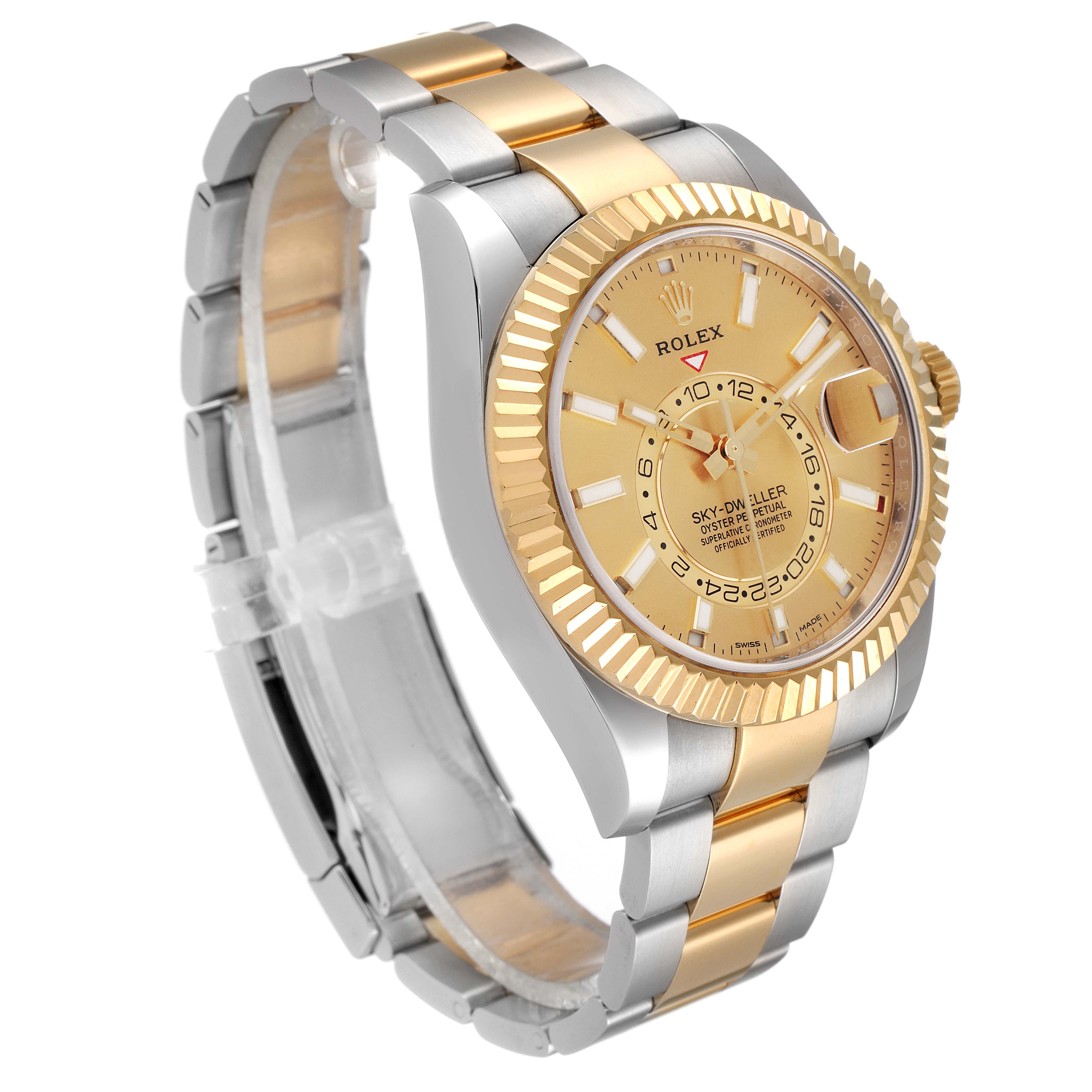The image shows a Rolex Sky-Dweller 326933 Men's Steel and Gold (two tone) Champagne Dial 326933 Men's Steel and Gold (two tone) Champagne Dial watch at a slight angle, displaying its face, bezel, and band clearly.