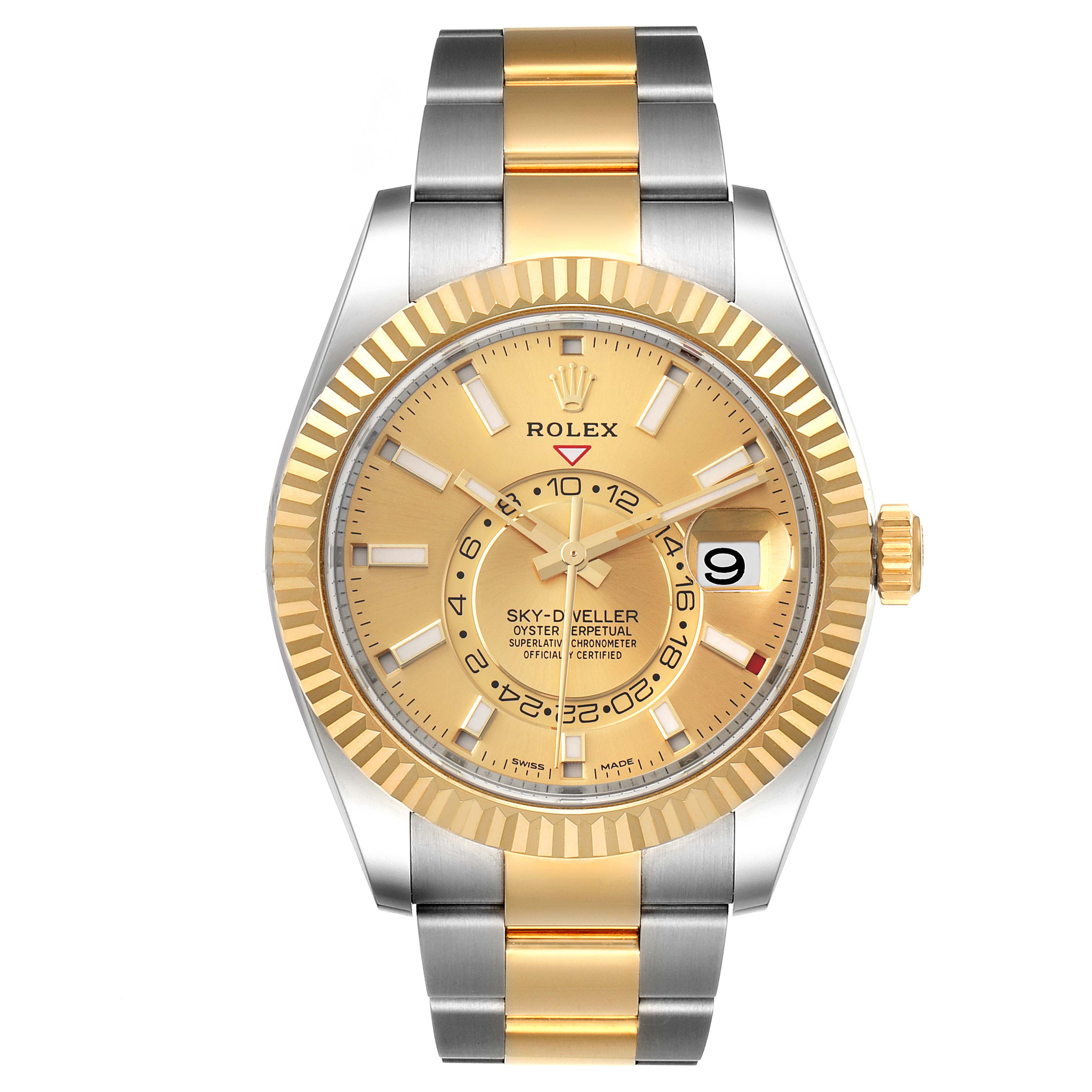 The Rolex Sky-Dweller 326933 Men's Steel and Gold (two tone) Champagne Dial 326933 Men's Steel and Gold (two tone) Champagne Dial watch is shown from the front, displaying the face, complete dial, bezel, and bracelet.