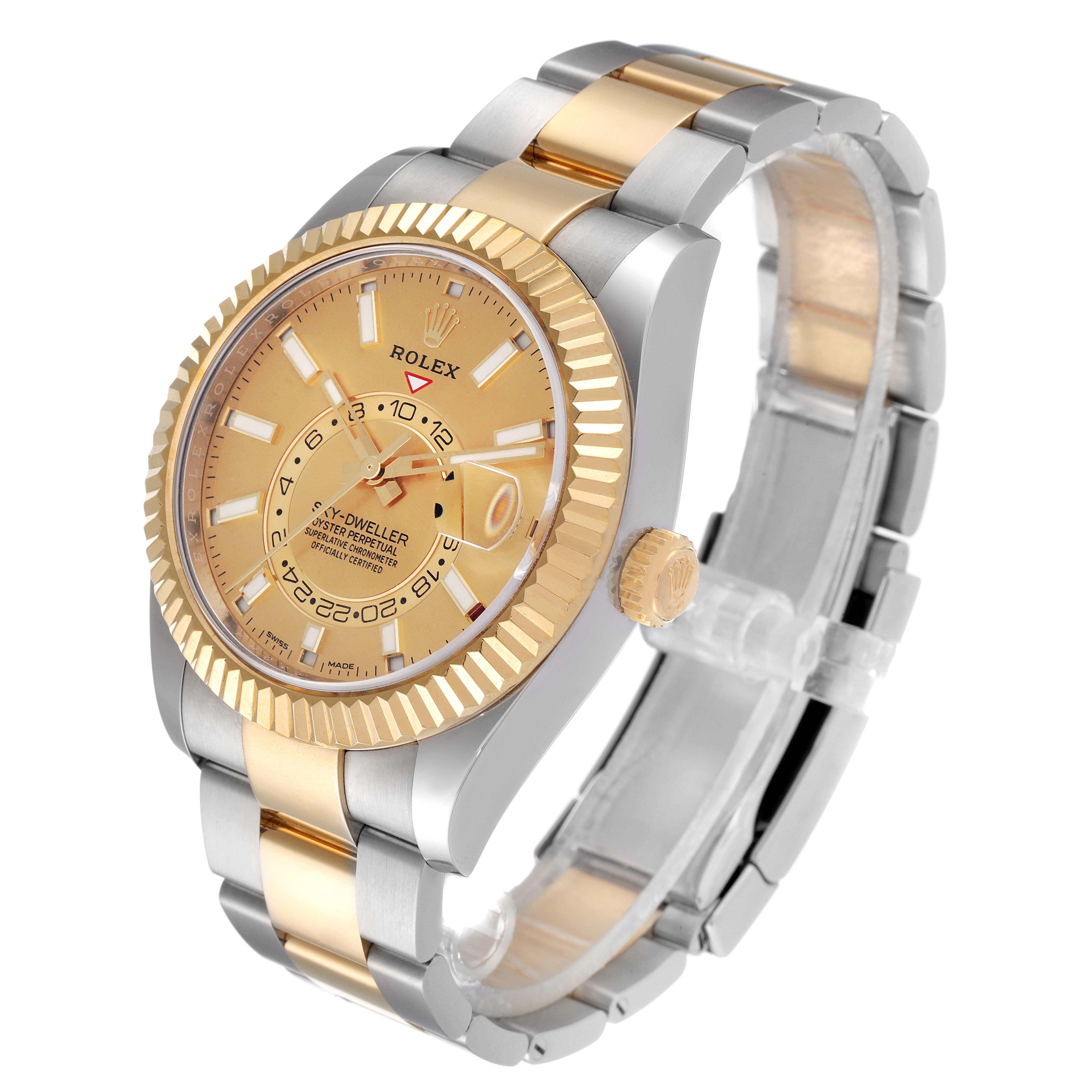This image shows a Rolex Sky-Dweller 326933 Men's Steel and Gold (two tone) Champagne Dial 326933 Men's Steel and Gold (two tone) Champagne Dial watch at a three-quarter angle, highlighting the dial, bezel, and bracelet.