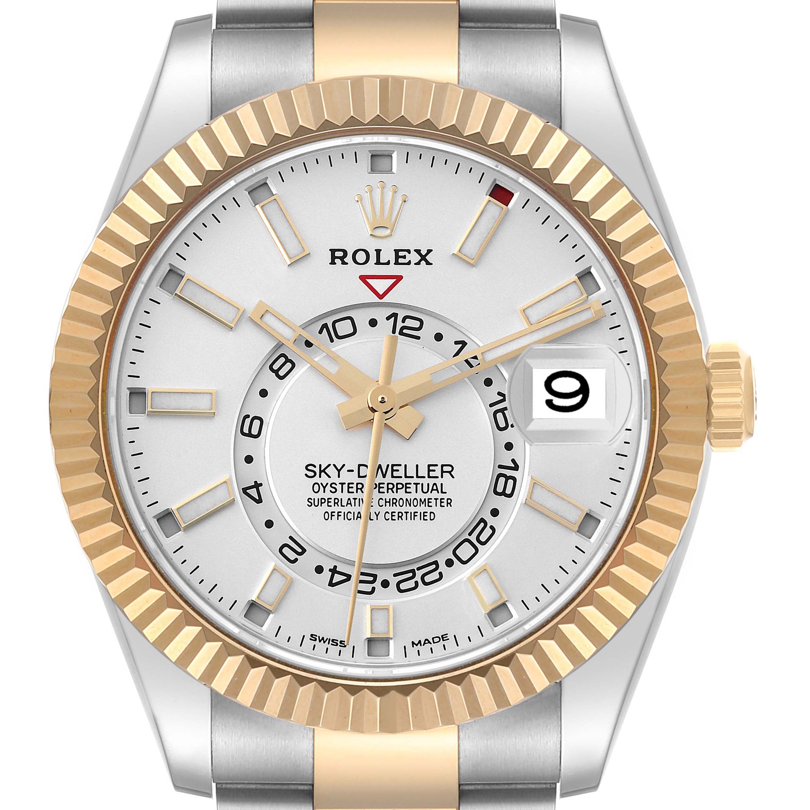 The image shows a front view of the Rolex Sky-Dweller 326933 Men's Steel and Gold (two tone) White Dial 326933 Men's Steel and Gold (two tone) White Dial watch, featuring a gold and stainless steel bezel and bracelet.