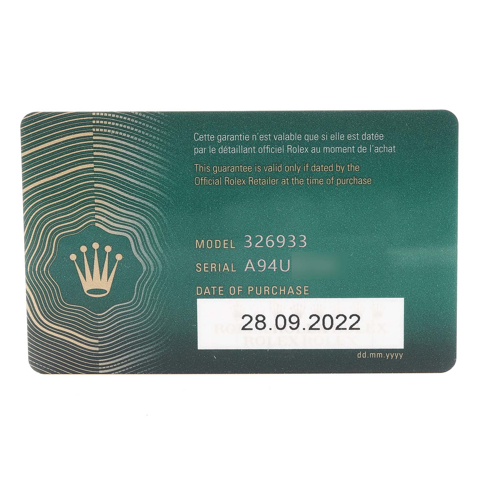 This is a warranty card for a Rolex Sky-Dweller 326933 Men's Steel and Gold (two tone) White Dial 326933 Men's Steel and Gold (two tone) White Dial model 326933, with purchase date 28.09.2022.