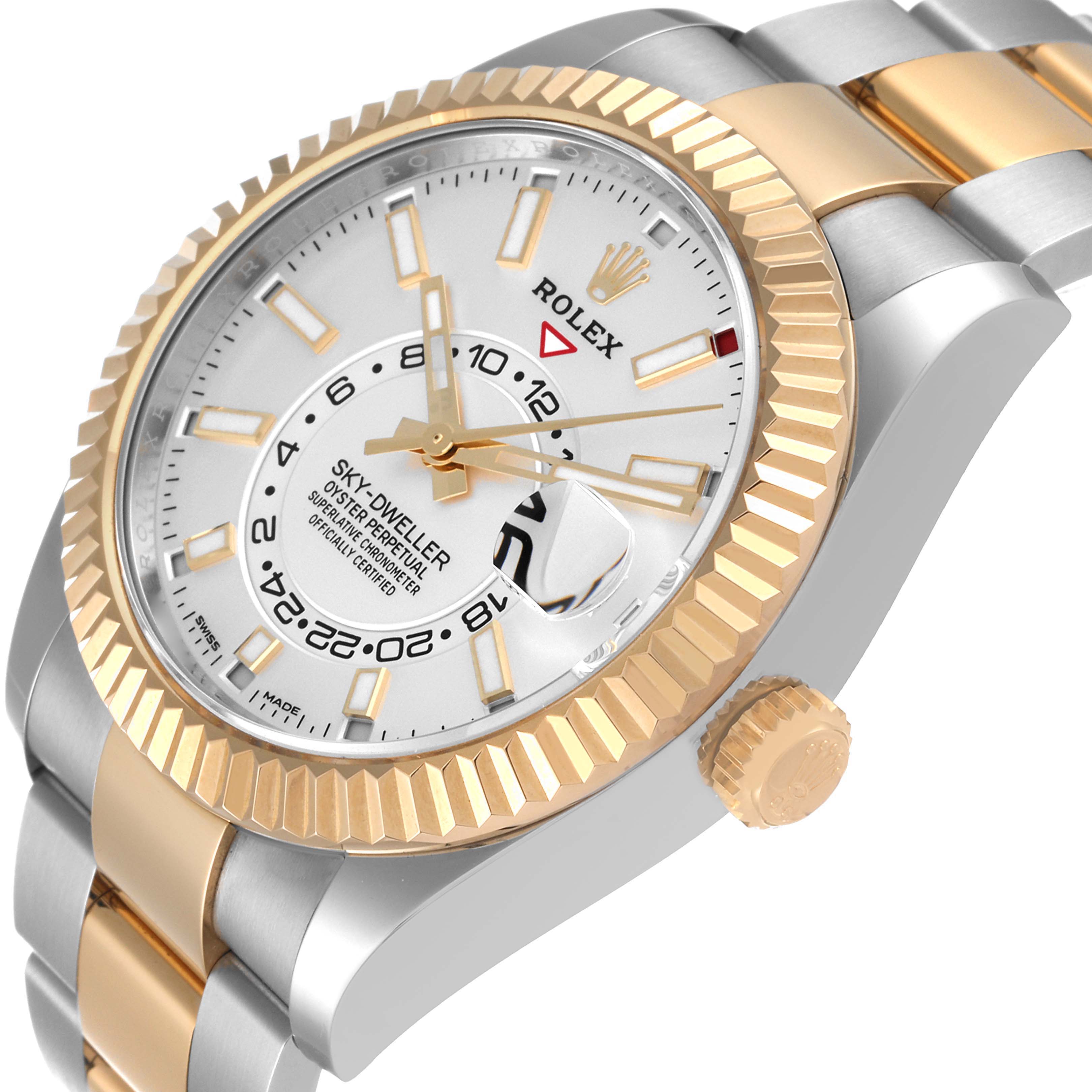 The image shows a Rolex Sky-Dweller 326933 Men's Steel and Gold (two tone) White Dial 326933 Men's Steel and Gold (two tone) White Dial watch at an angled close-up, highlighting its dual-tone bracelet, fluted bezel, and white dial.