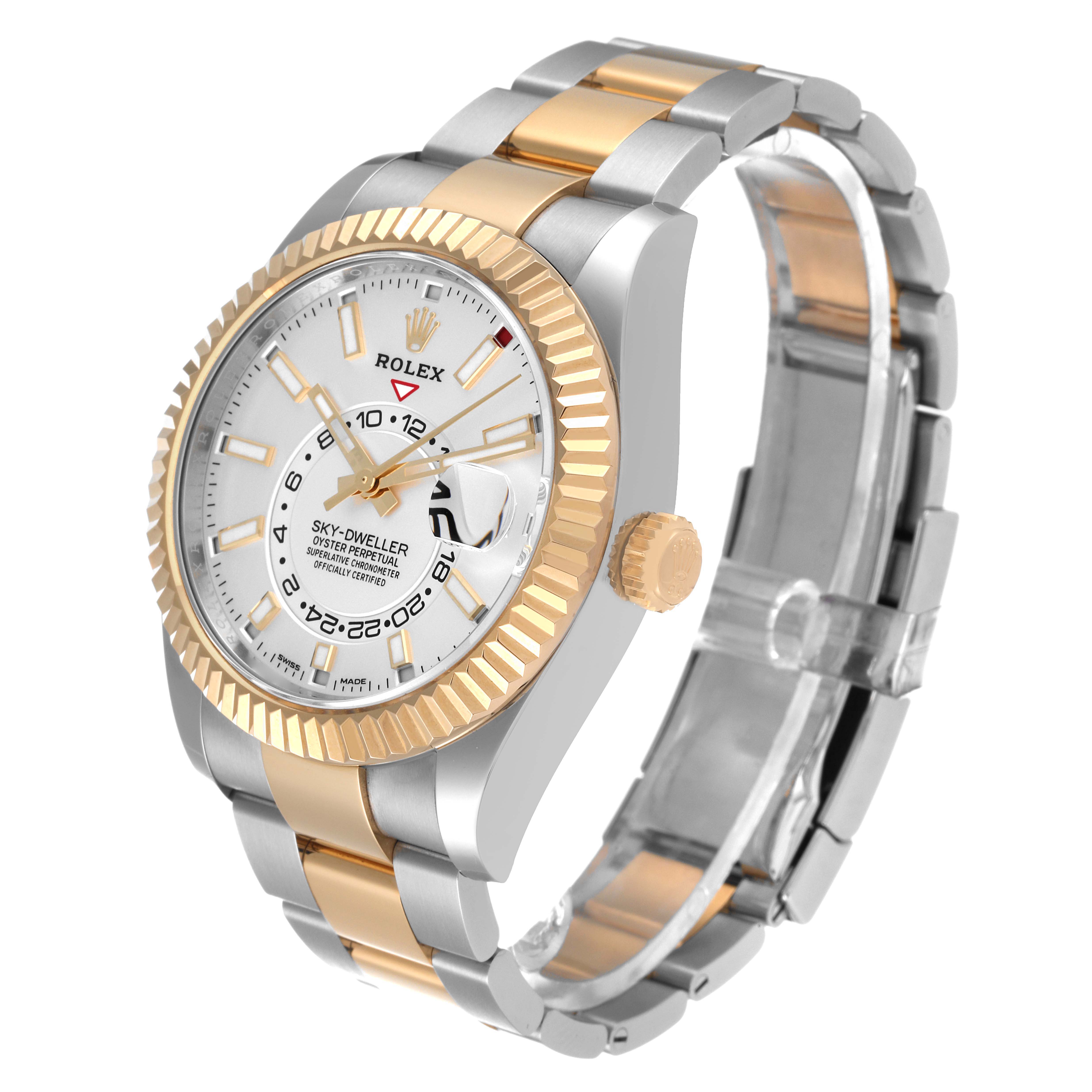 The image shows a Rolex Sky-Dweller 326933 Men's Steel and Gold (two tone) White Dial 326933 Men's Steel and Gold (two tone) White Dial watch from an angled view, highlighting the watch face, bezel, crown, and band.