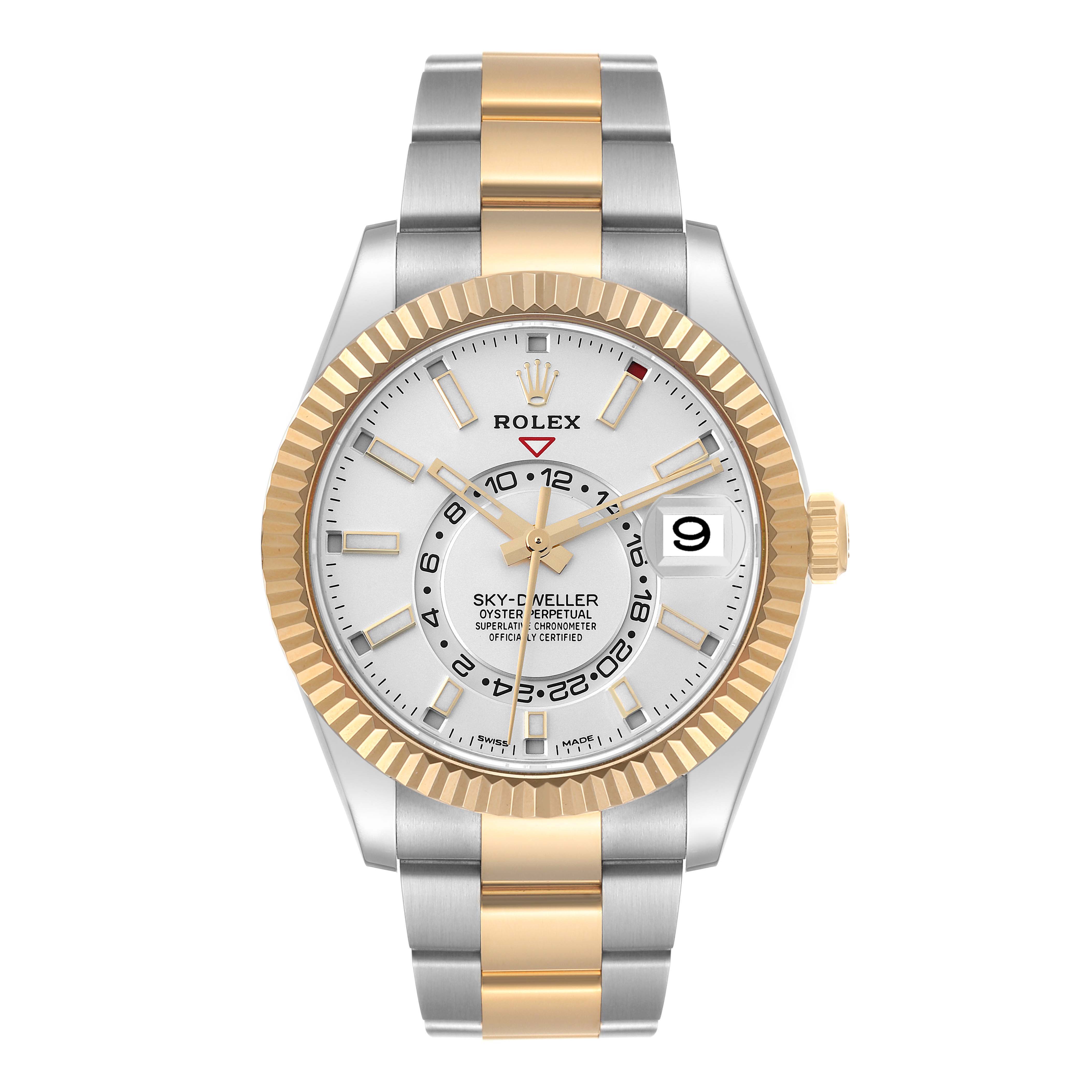 The image shows a front view of the Rolex Sky-Dweller 326933 Men's Steel and Gold (two tone) White Dial 326933 Men's Steel and Gold (two tone) White Dial watch, highlighting its gold and silver bracelet, fluted bezel, and detailed dial.