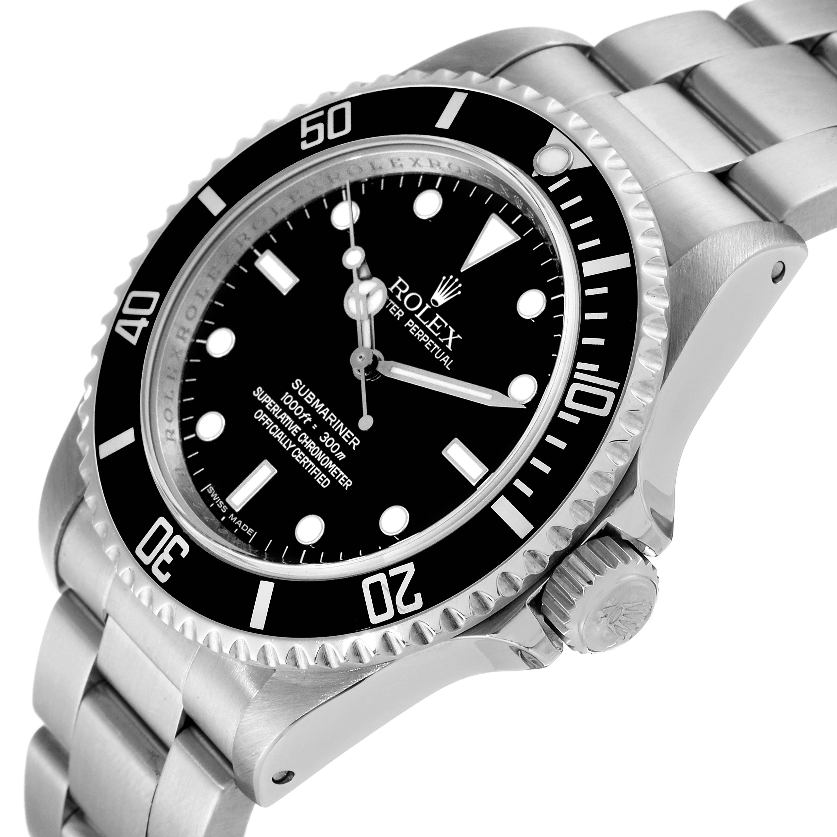 This image shows a side angle of a Rolex Submariner 14060M Men's Stainless Steel Black Dial 14060M Men's Stainless Steel Black Dial watch, highlighting the dial, bezel, bracelet, and crown.