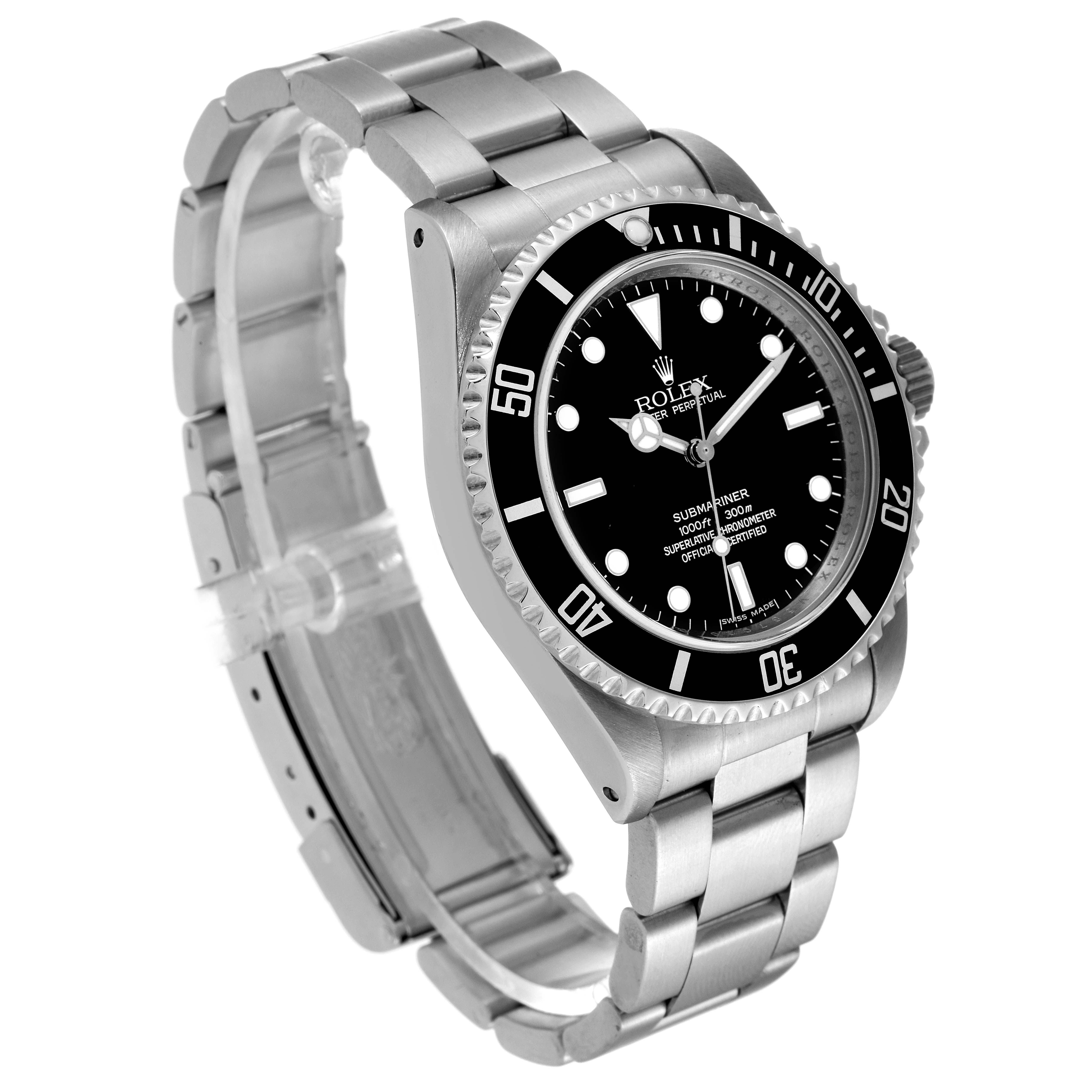 The Rolex Submariner 14060M Men's Stainless Steel Black Dial 14060M Men's Stainless Steel Black Dial watch is shown at an angled side view, displaying its face, bezel, and stainless steel bracelet.
