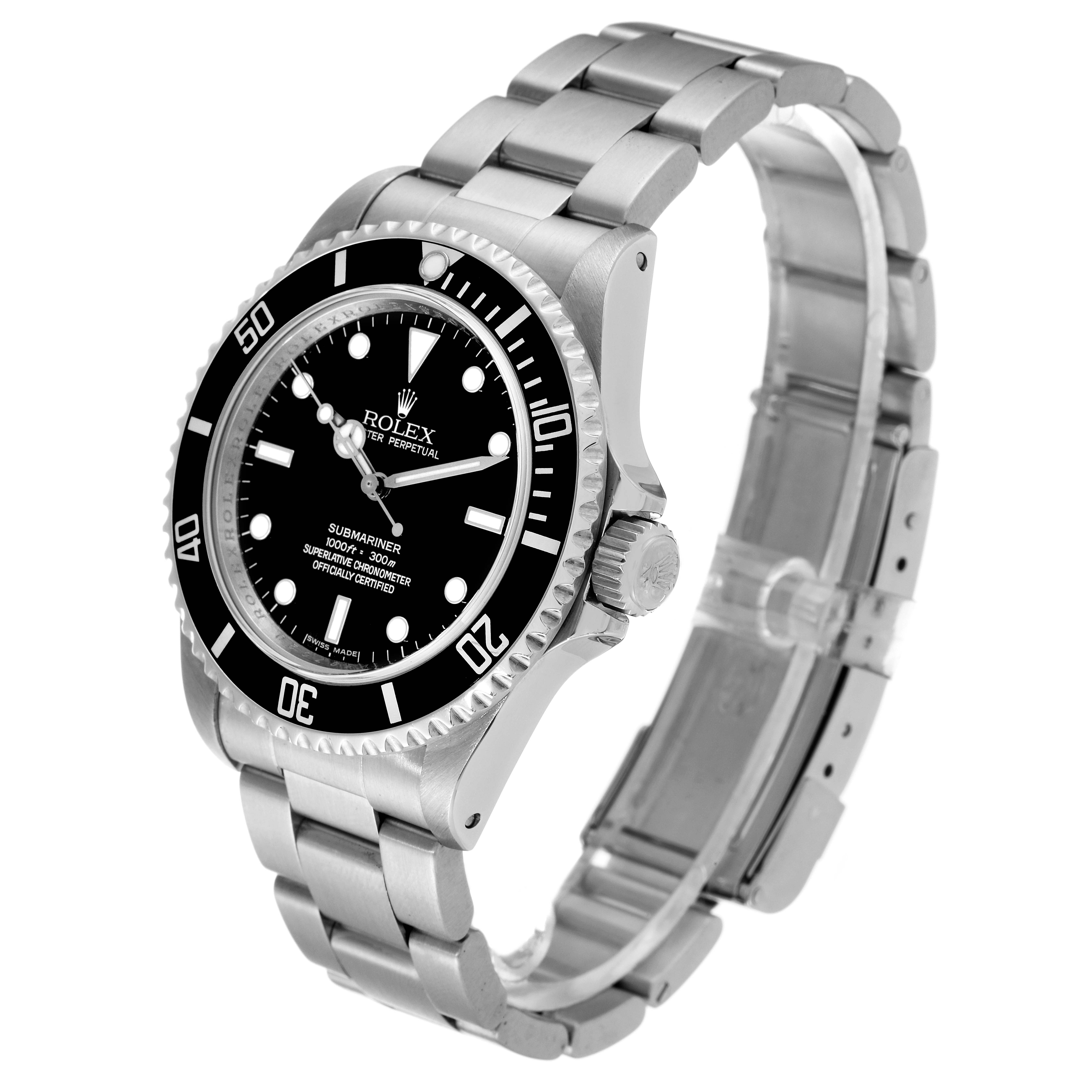 The Rolex Submariner 14060M Men's Stainless Steel Black Dial 14060M Men's Stainless Steel Black Dial watch is shown at an angled side view, highlighting its dial, bezel, and bracelet.